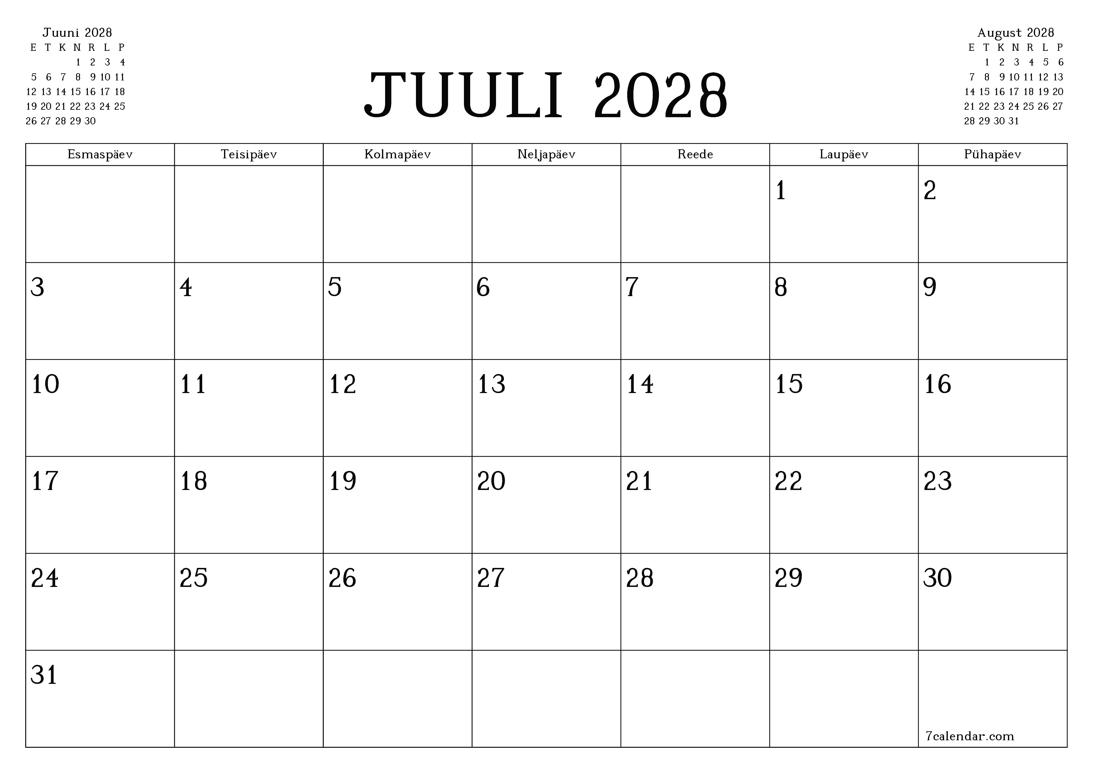 Tühjendage kuu Juuli 2028 kuuplaneerija märkmetega, salvestage ja printige PDF-i PNG Estonian