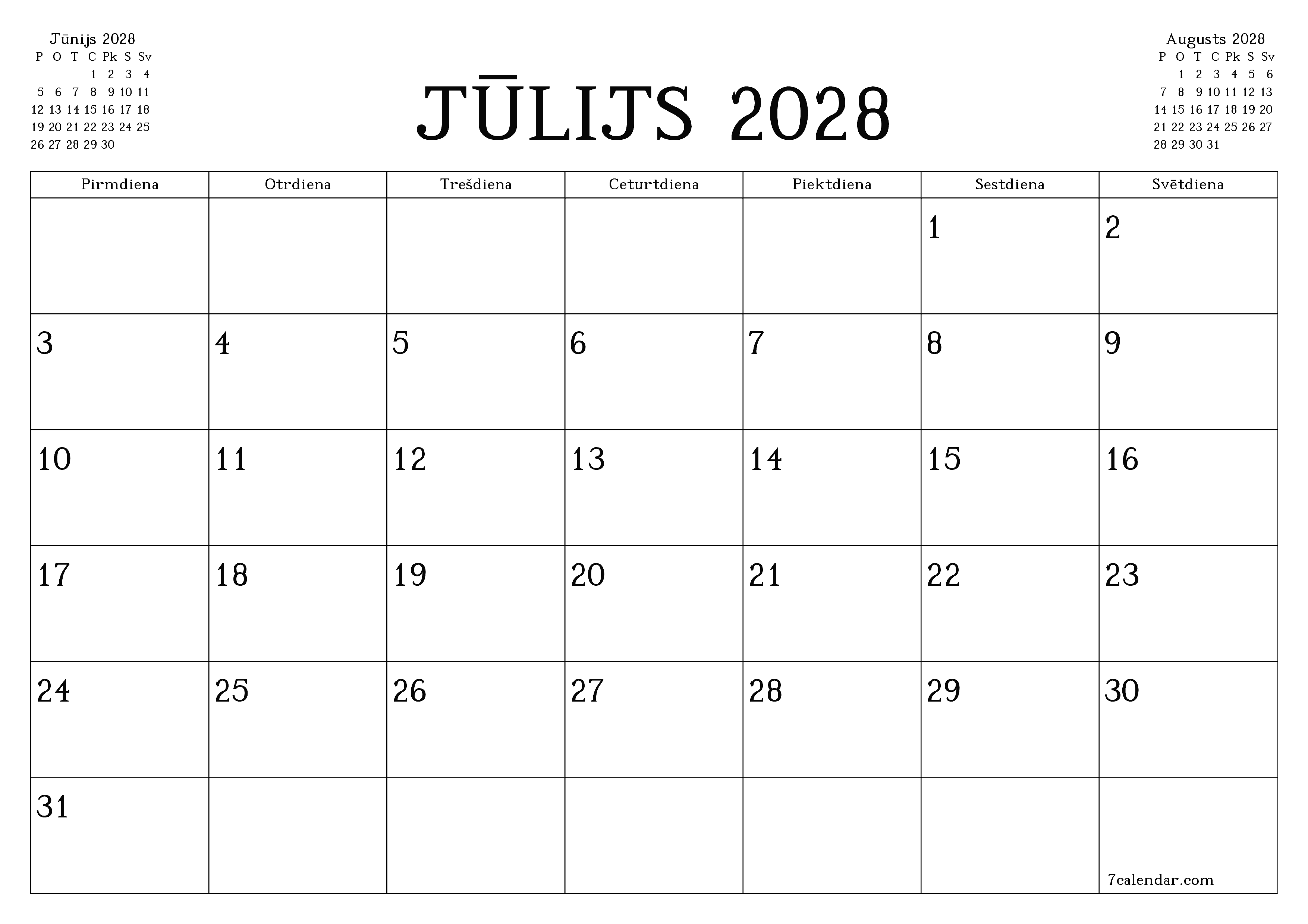 Iztukšot mēneša plānotāju mēnesim Jūlijs 2028 ar piezīmēm, saglabāt un izdrukāt PDF formātā PNG Latvian