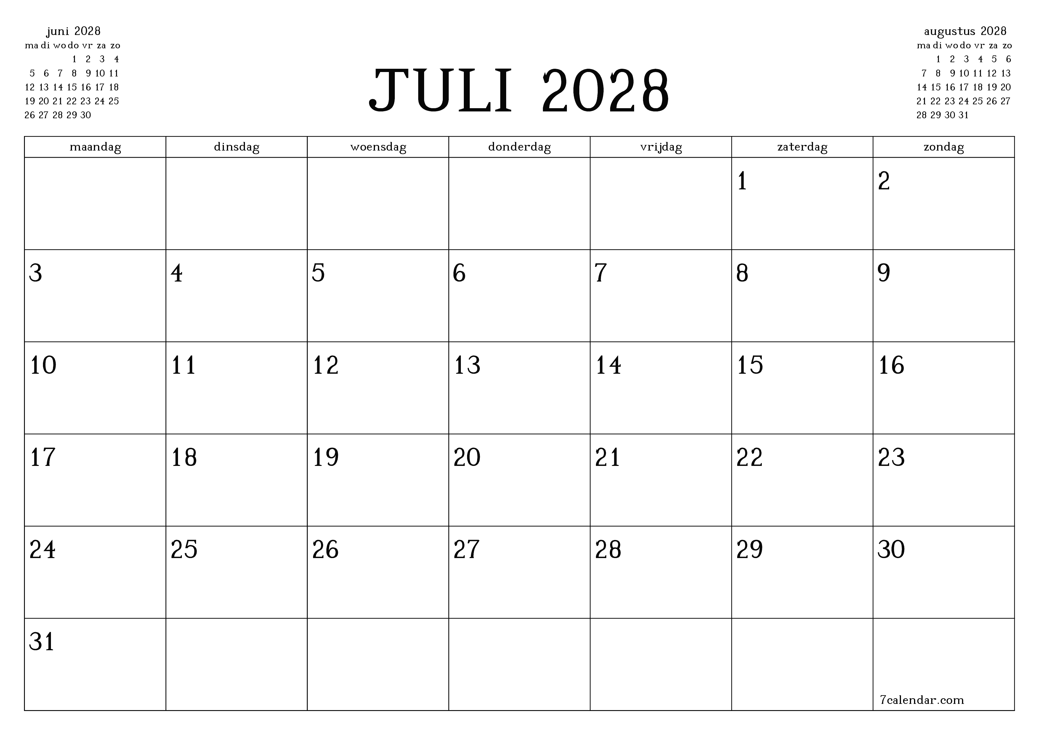Lege maandplanner voor maand juli 2028 met notities, opslaan en afdrukken naar pdf PNG Dutch