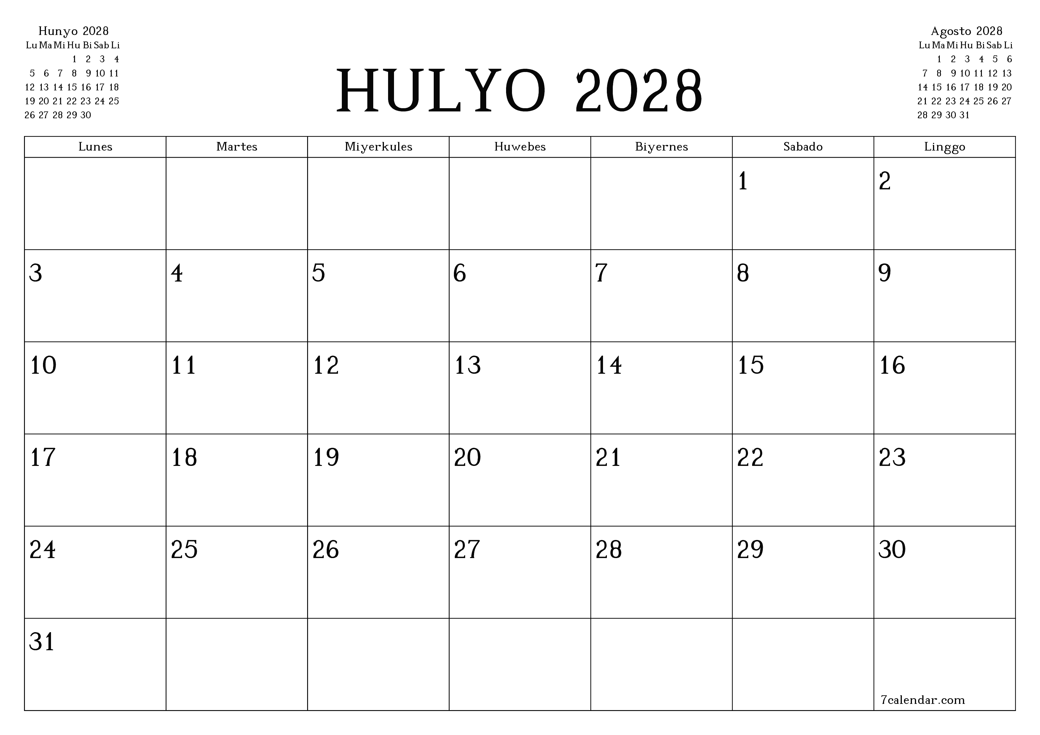 Walang laman na buwanang tagaplano para sa buwan na Hulyo 2028 na may mga tala, i-save at i-print sa PDF PNG Filipino