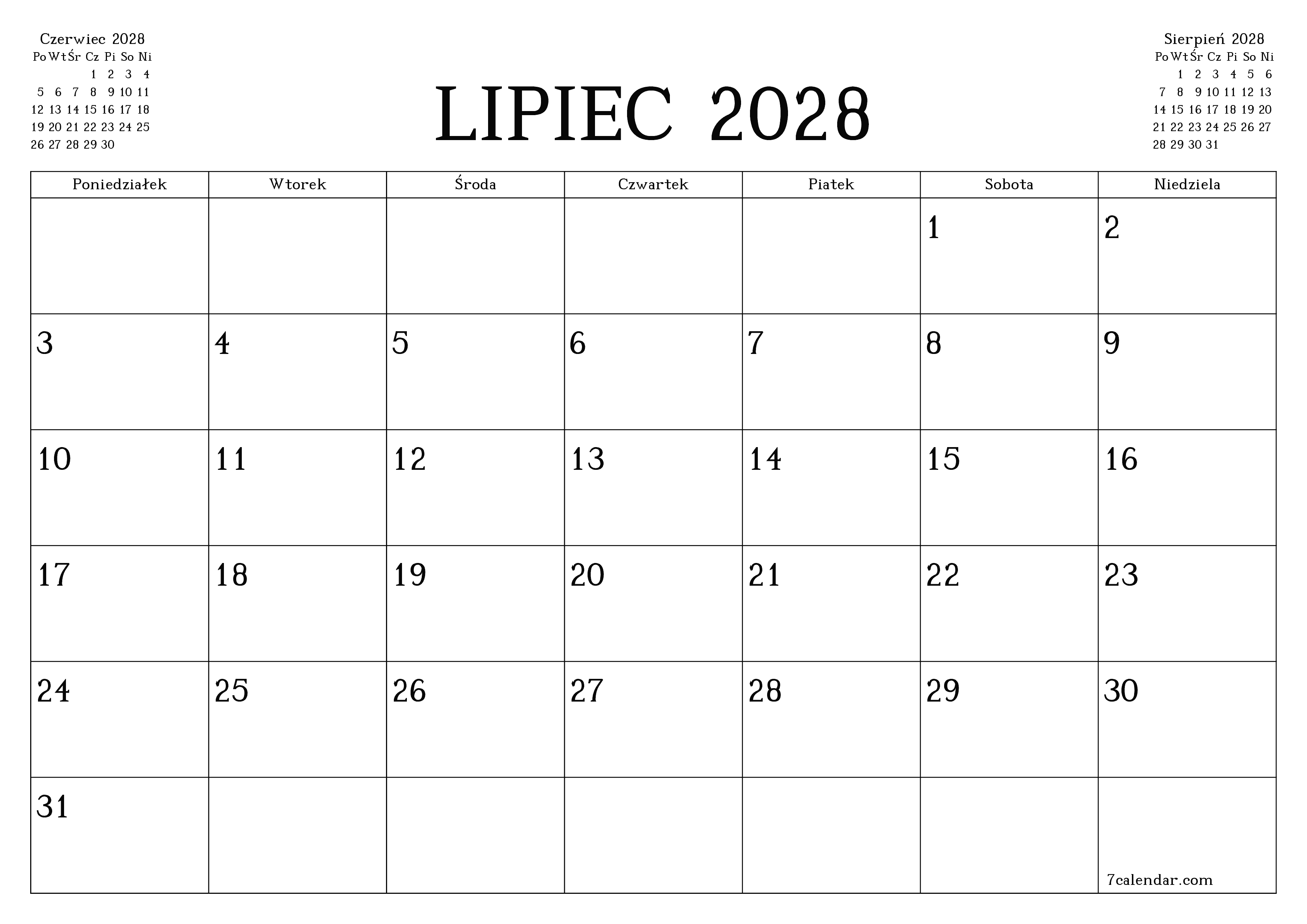 Opróżnij miesięczny planer na miesiąc Lipiec 2028 z notatkami, zapisz i wydrukuj w formacie PDF PNG Polish