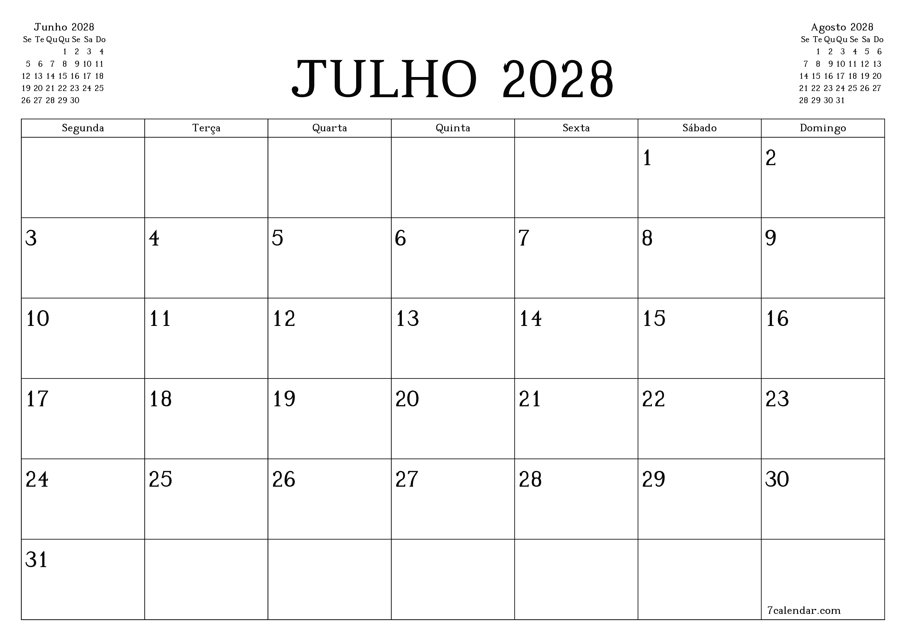 Esvazie o planejador mensal para o mês Julho 2028 com notas, salve e imprima em PDF PNG Portuguese