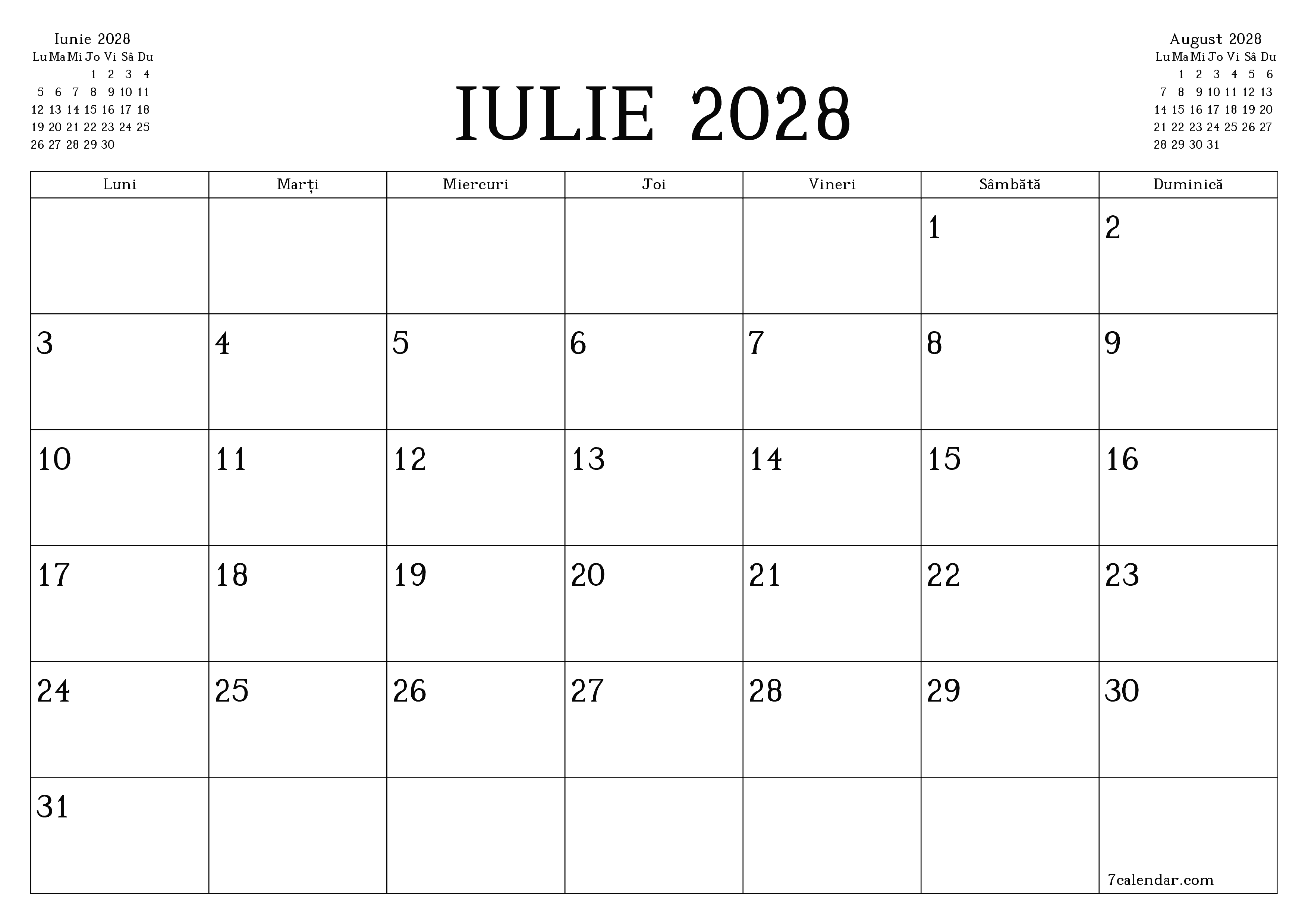 Planificator lunar gol pentru luna Iulie 2028 cu note, salvați și tipăriți în PDF PNG Romanian