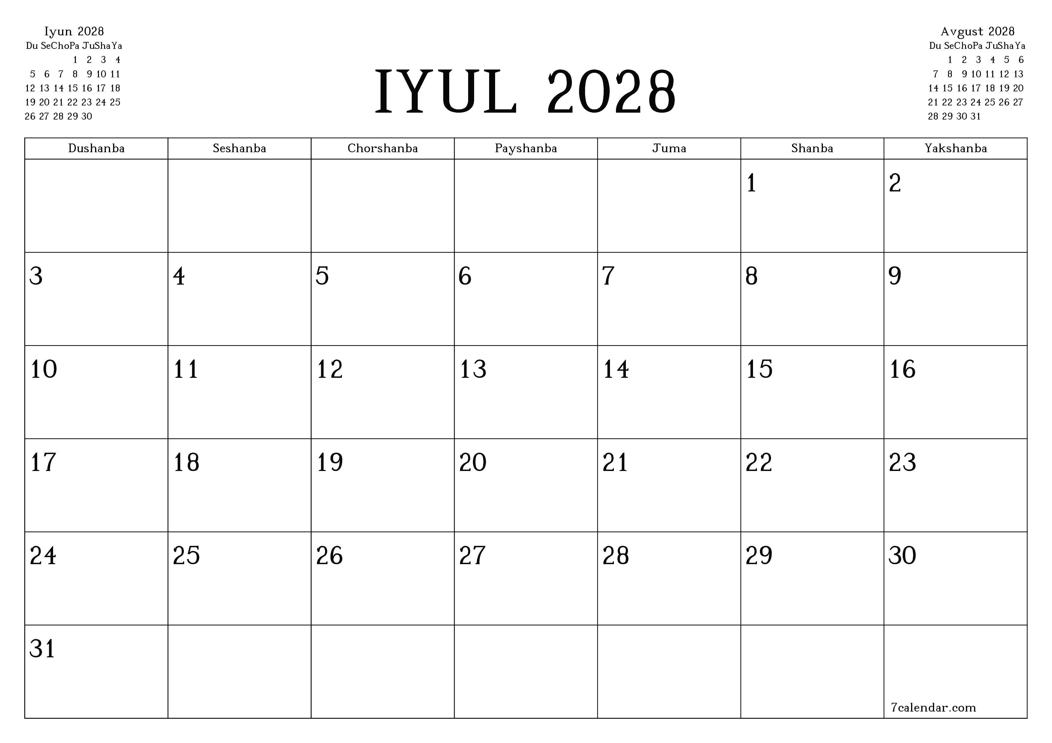 Iyul 2028 oylik oylik rejalashtiruvchini yozuvlar bilan bo'shatish, saqlash va PDF-ga chop etish PNG Uzbek