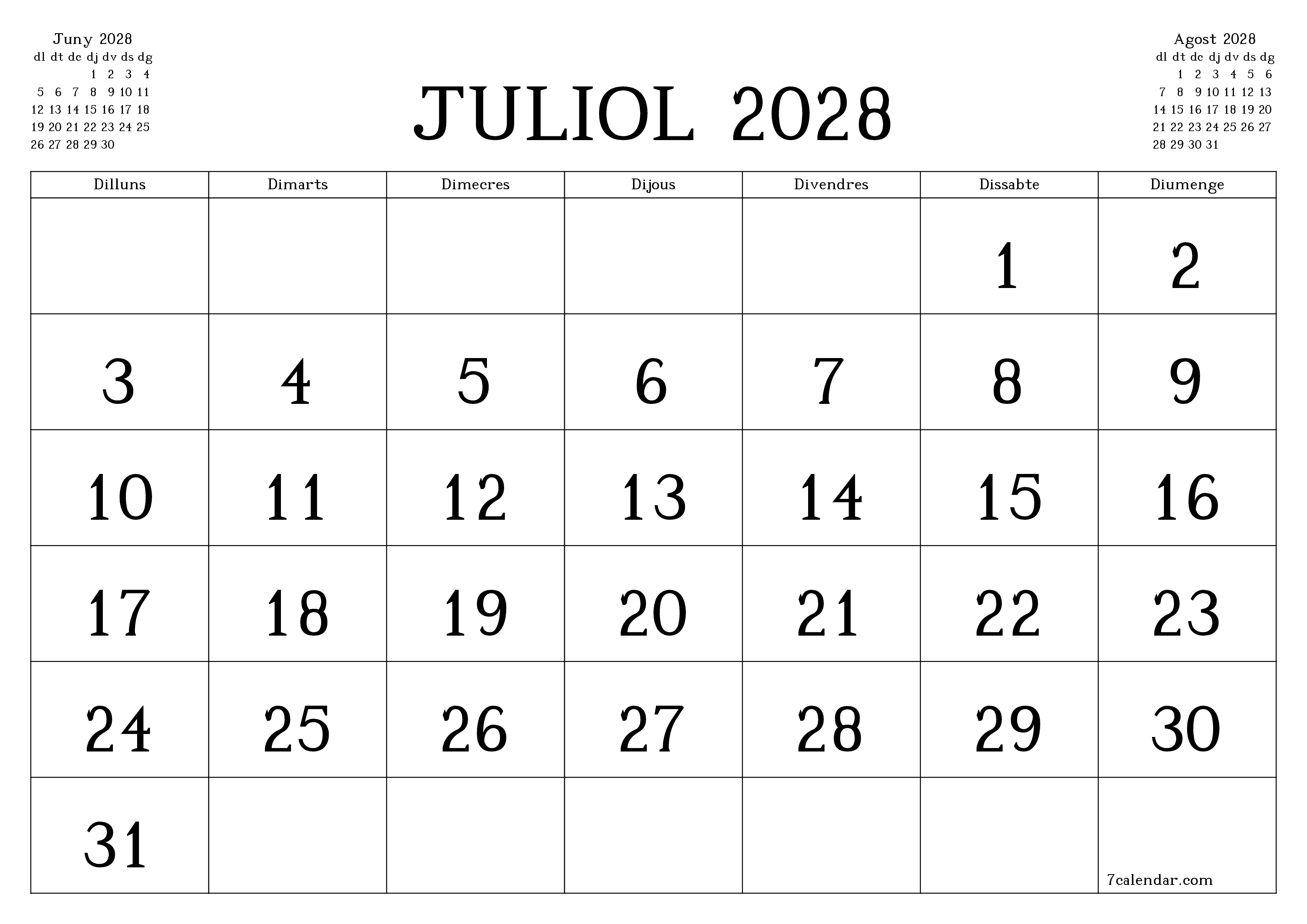 Planificador mensual buit del mes Juliol 2028 amb notes, deseu-lo i imprimiu-lo en format PDF PNG Catalan