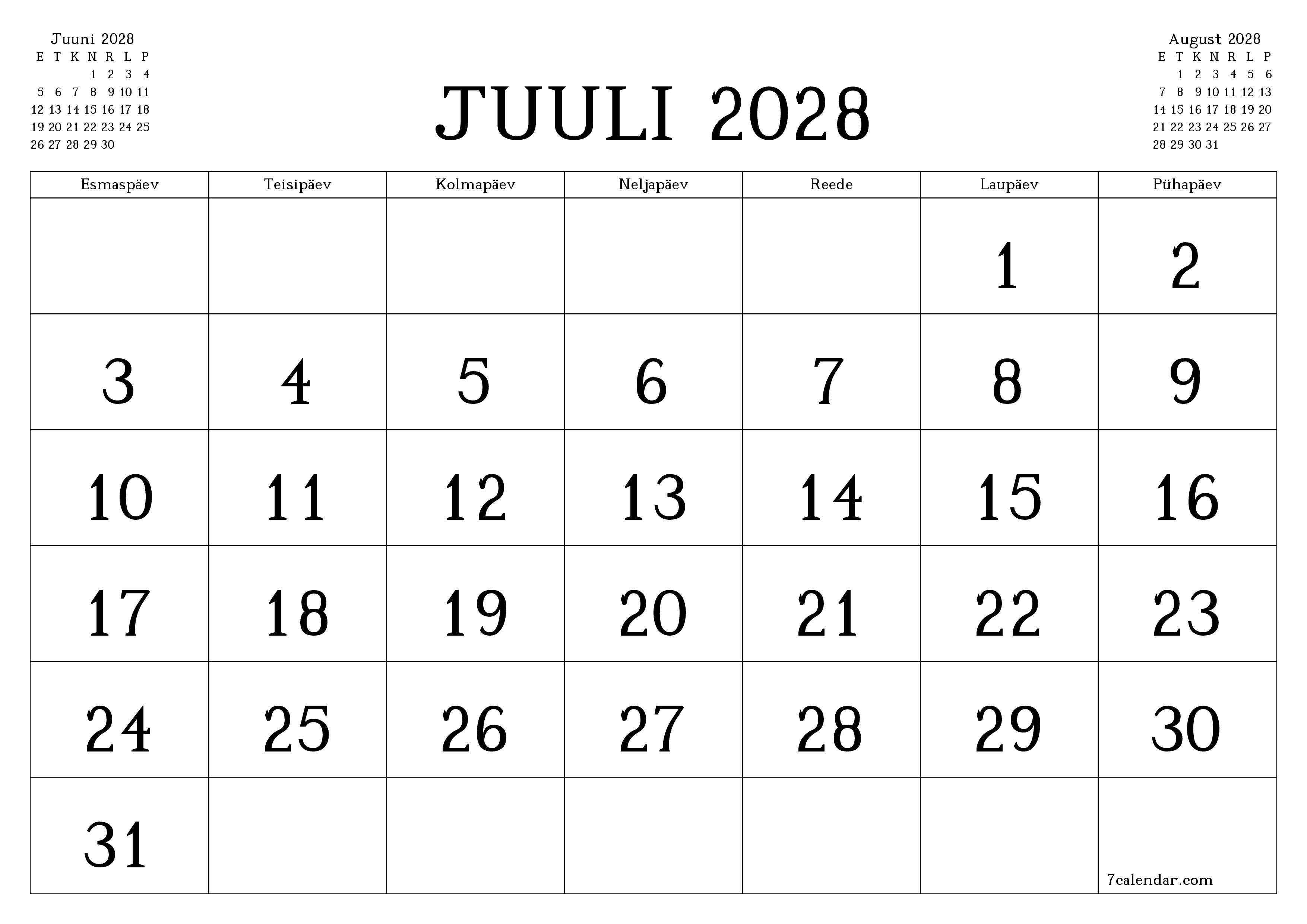 Tühjendage kuu Juuli 2028 kuuplaneerija märkmetega, salvestage ja printige PDF-i PNG Estonian