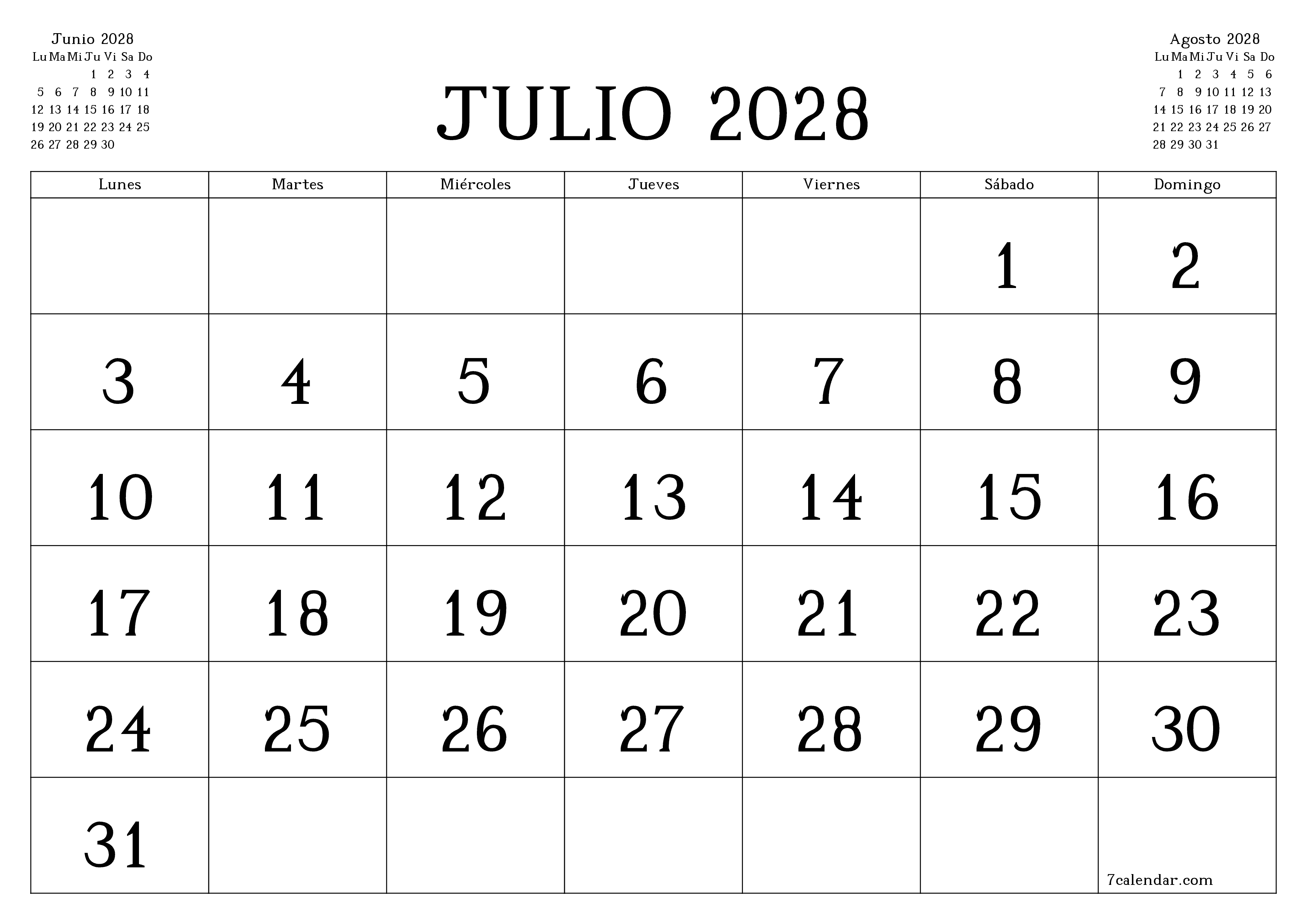 Planificador mensual vacío para el mes Julio 2028 con notas, guardar e imprimir en PDF PNG Spanish