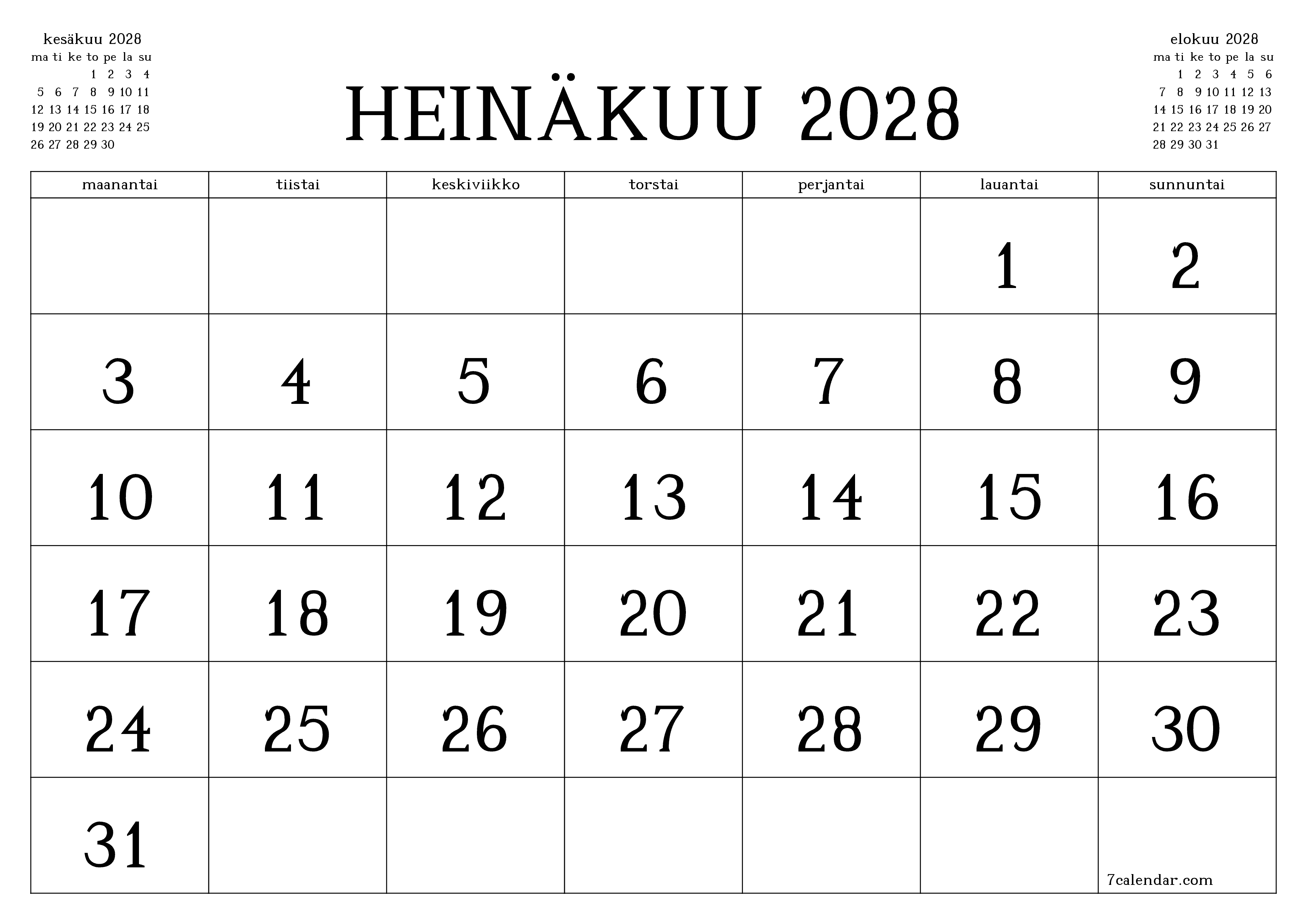 Tyhjennä kuukausittainen suunnittelija kuukaudelle Heinäkuu 2028 muistiinpanoilla, tallenna ja tulosta PDF-muotoon PNG Finnish