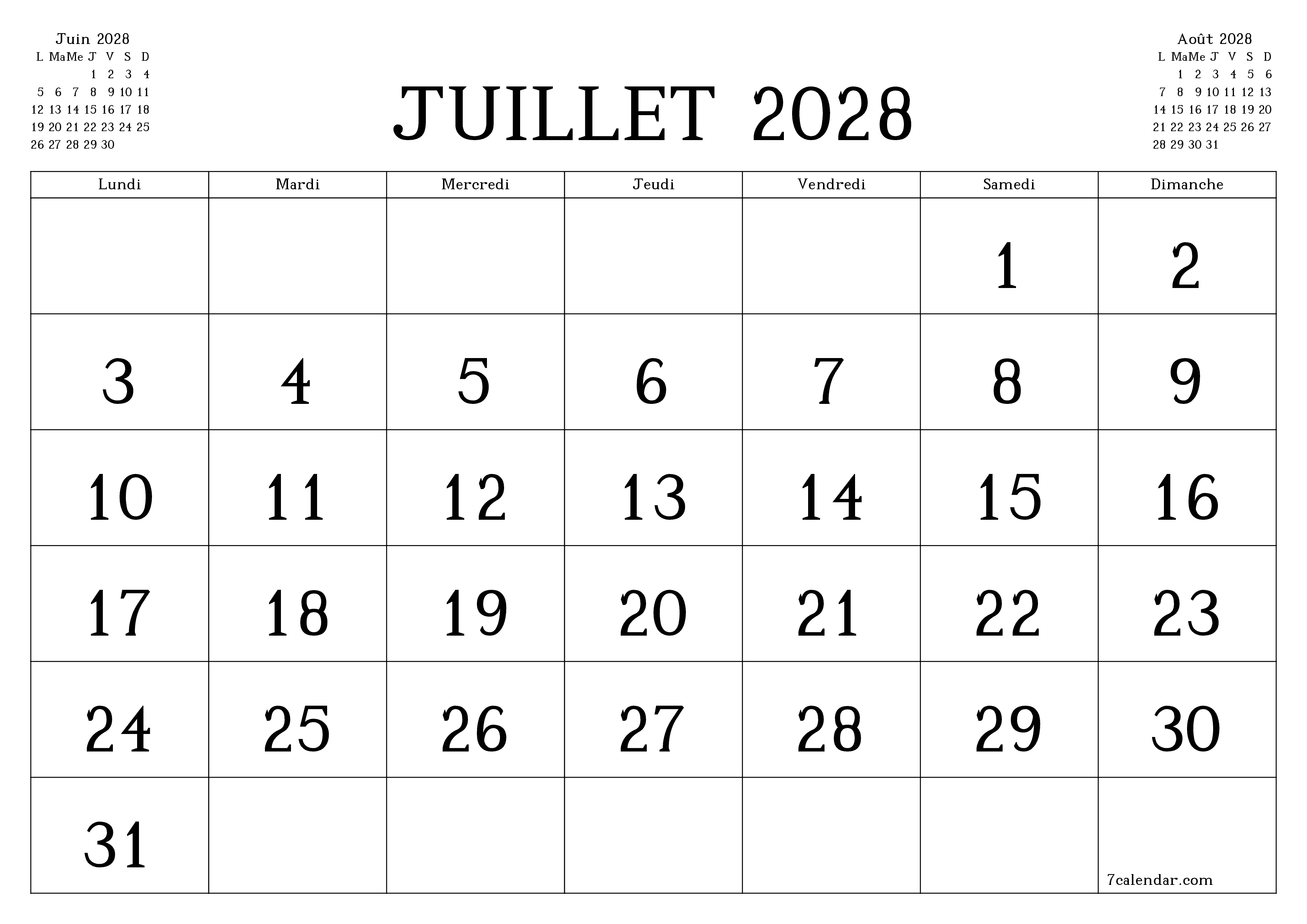 Agenda mensuel vide pour le mois Juillet 2028 avec notes, enregistrez et imprimez au format PDF PNG French