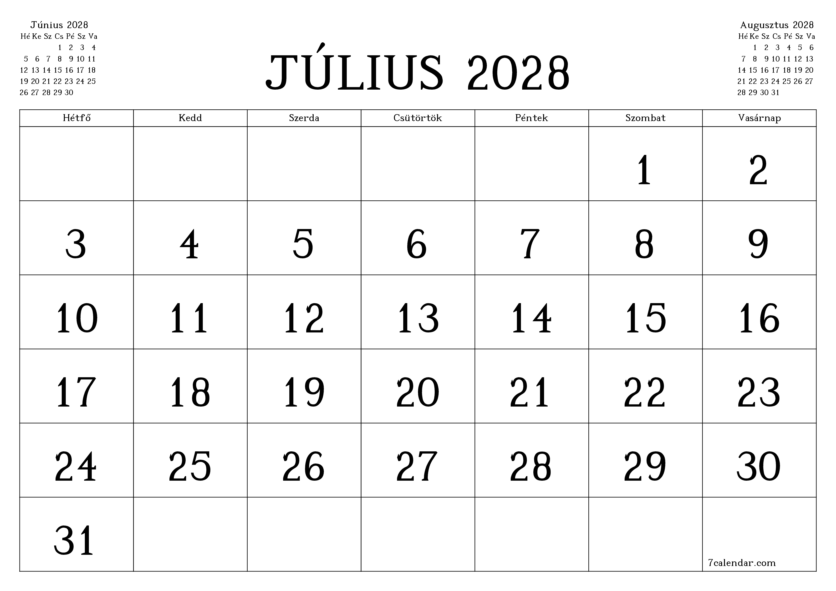 Üres havi tervező a Július 2028 hónapra jegyzetekkel, mentés és nyomtatás PDF-be PNG Hungarian