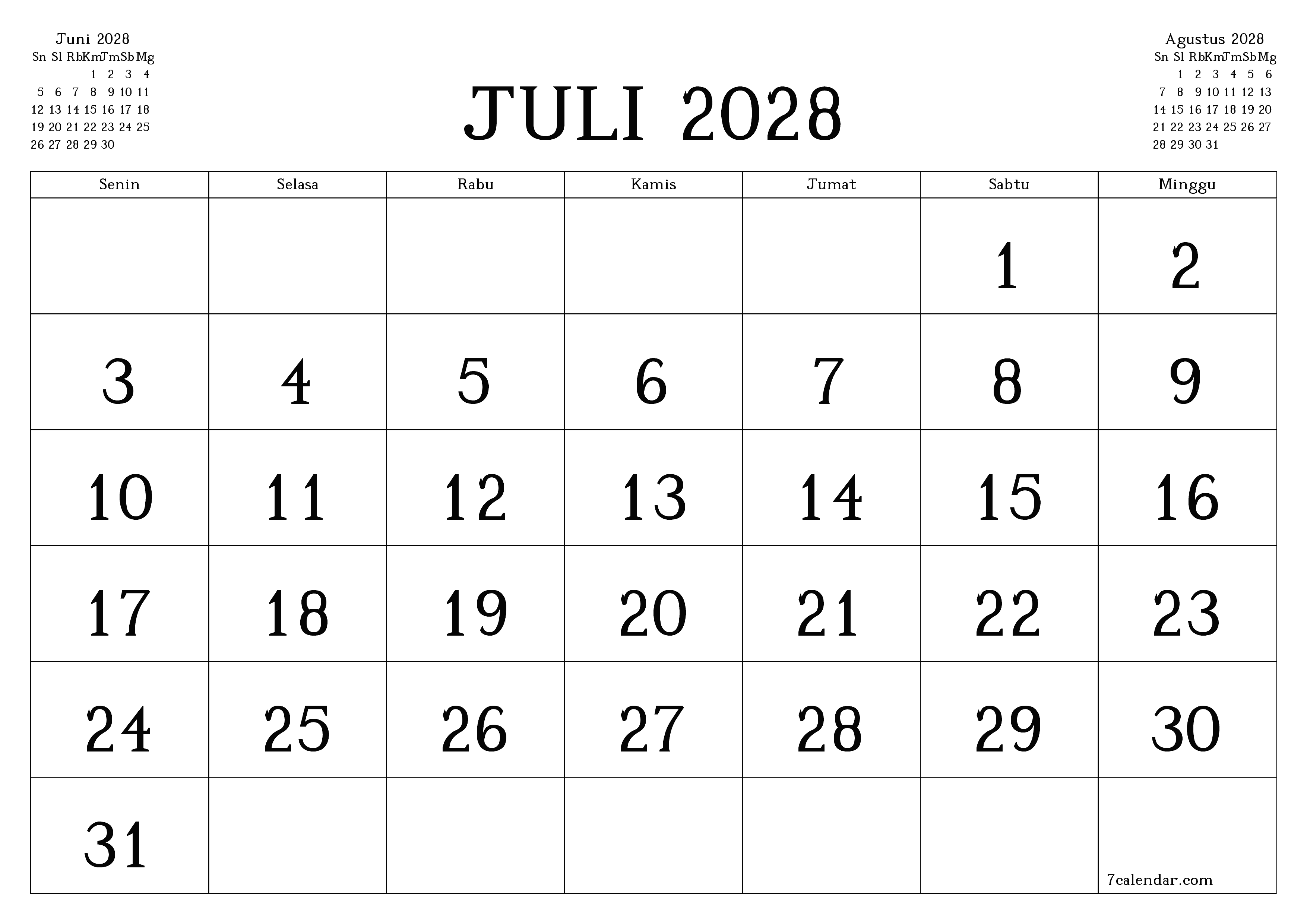 Kosongkan agenda bulanan untuk bulan Juli 2028 dengan catatan, simpan dan cetak ke PDF PNG Indonesian