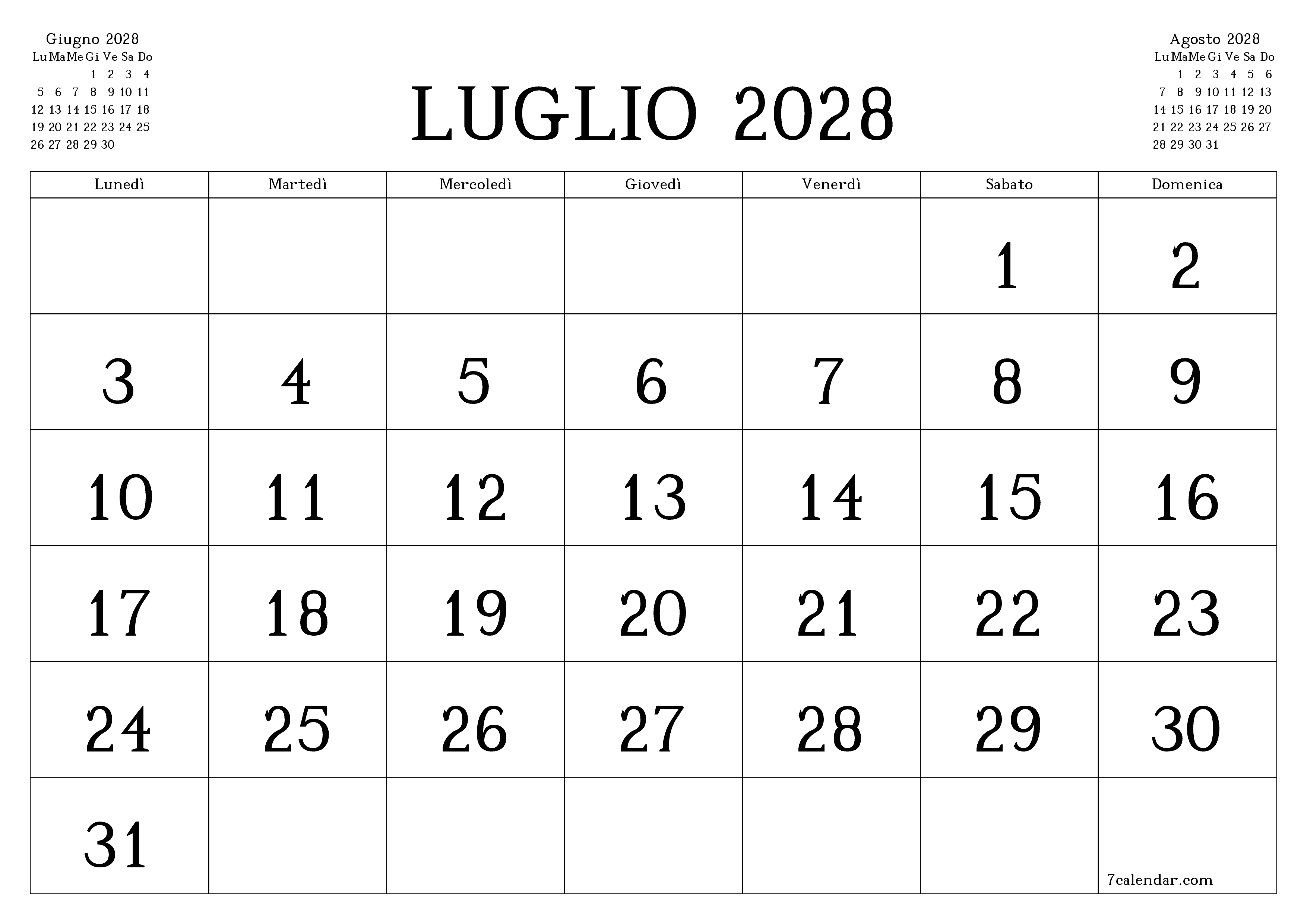 Pianificatore mensile vuoto per il mese Luglio 2028 con note, salva e stampa in PDF PNG Italian