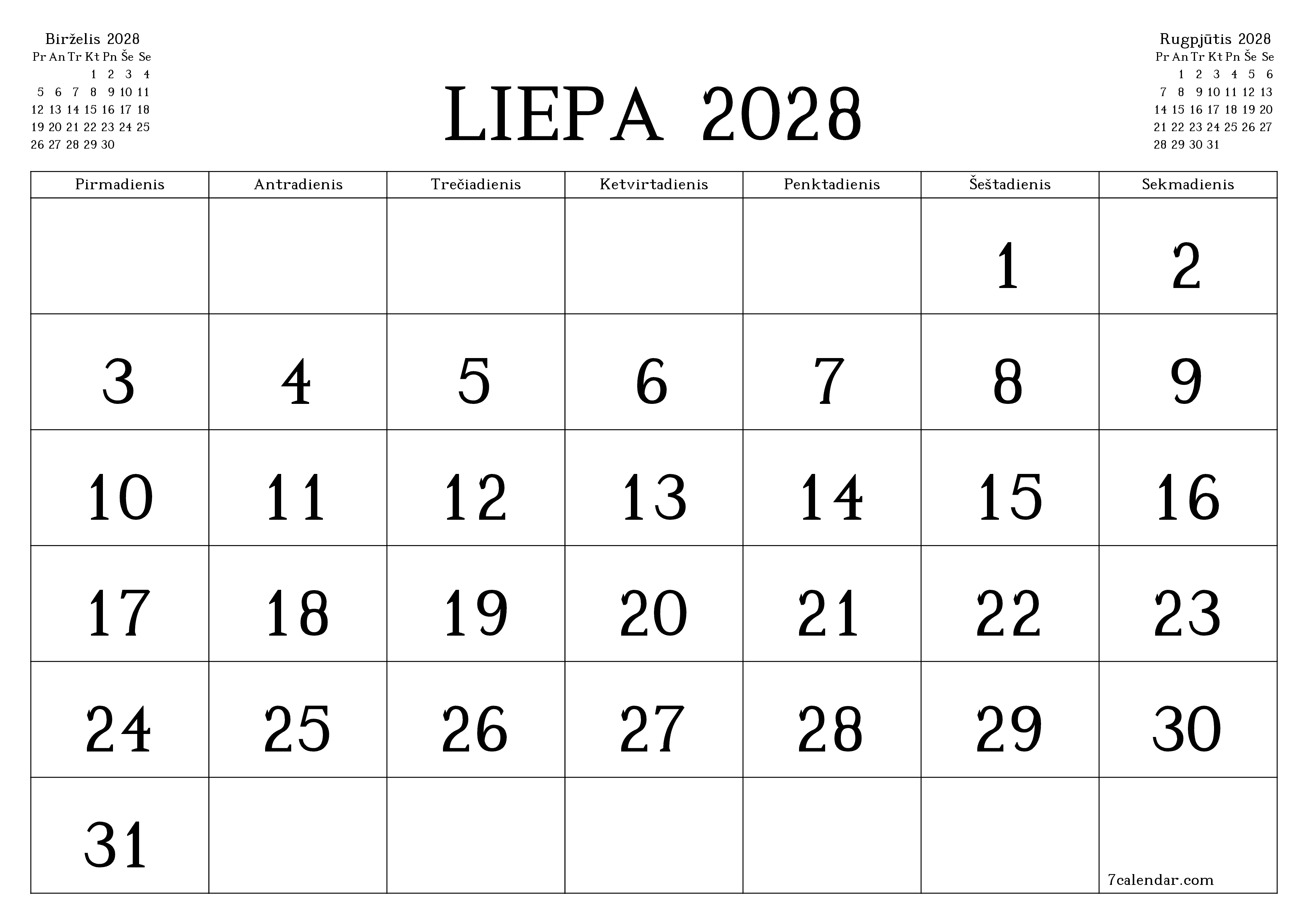 Ištuštinti mėnesio Liepa 2028 mėnesio planavimo priemonę su užrašais, išsaugoti ir atsispausdinti PDF formate PNG Lithuanian