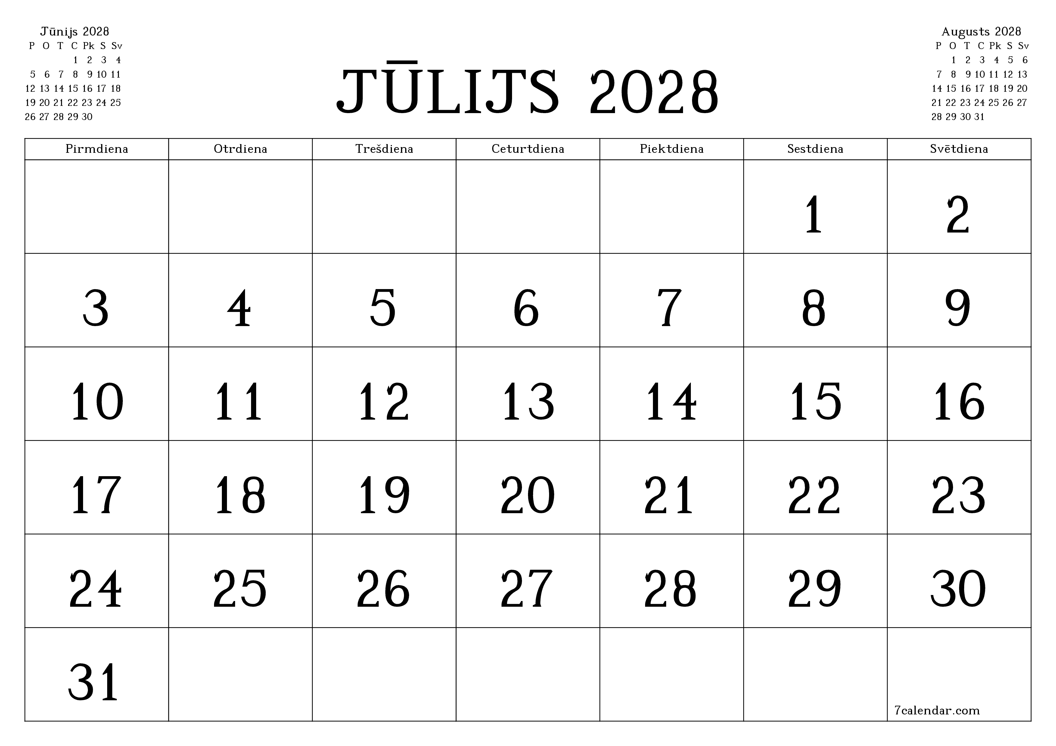 Iztukšot mēneša plānotāju mēnesim Jūlijs 2028 ar piezīmēm, saglabāt un izdrukāt PDF formātā PNG Latvian