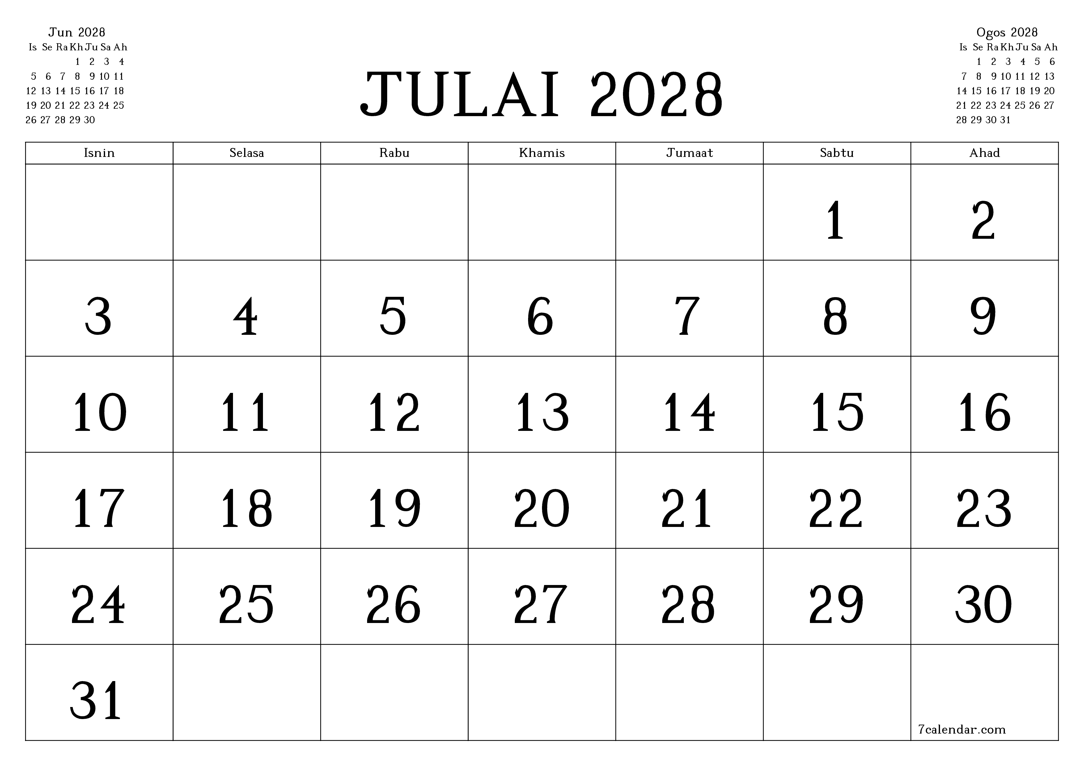Perancang bulanan kosong untuk bulan Julai 2028 dengan nota, simpan dan cetak ke PDF PNG Malay