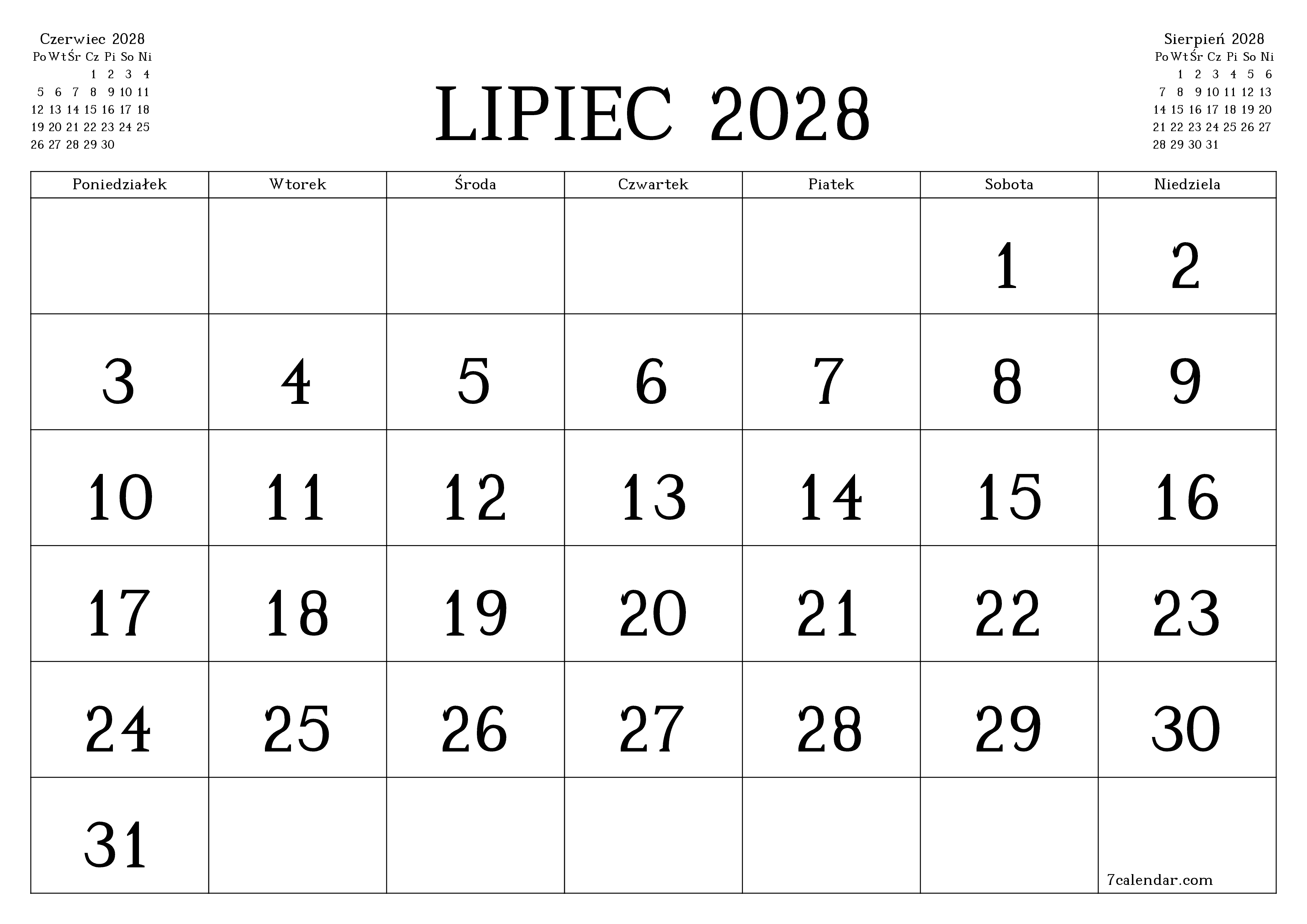 Opróżnij miesięczny planer na miesiąc Lipiec 2028 z notatkami, zapisz i wydrukuj w formacie PDF PNG Polish