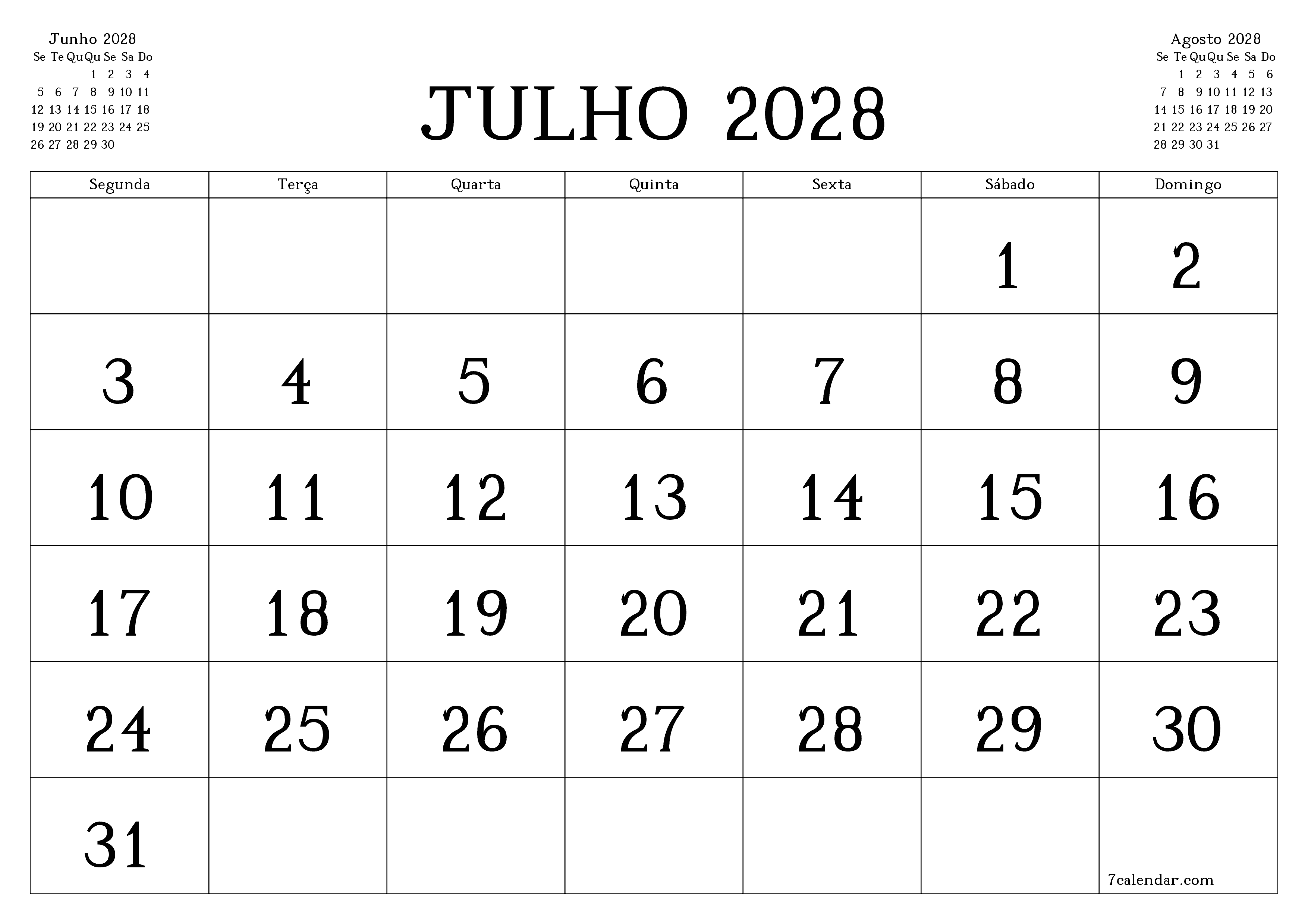 Esvazie o planejador mensal para o mês Julho 2028 com notas, salve e imprima em PDF PNG Portuguese