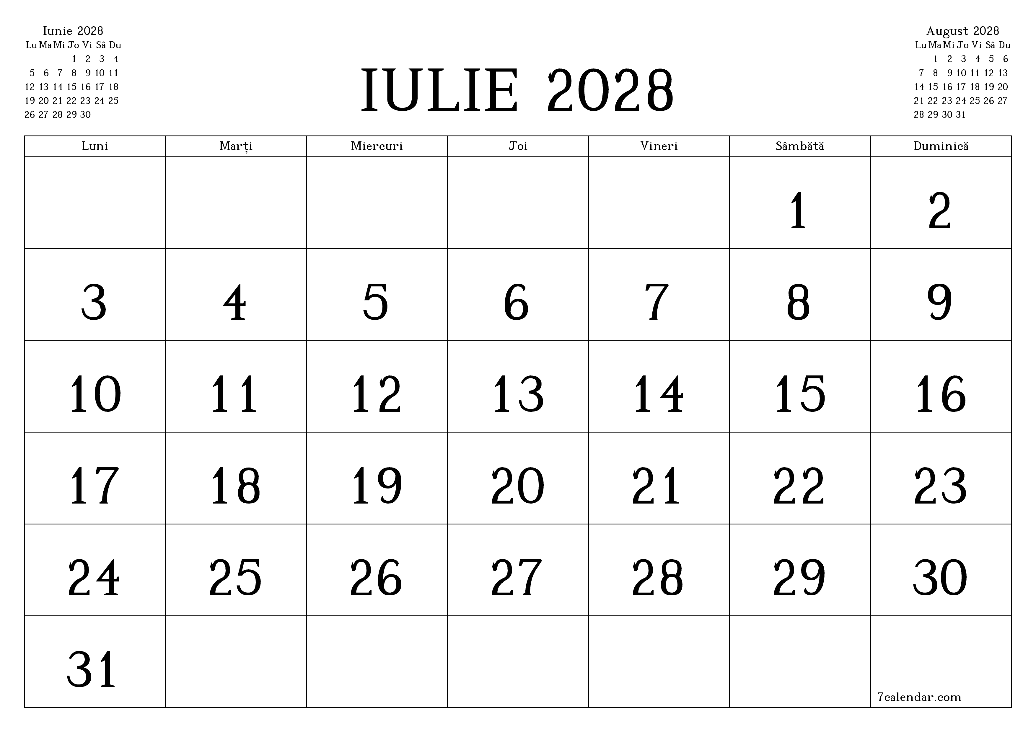Planificator lunar gol pentru luna Iulie 2028 cu note, salvați și tipăriți în PDF PNG Romanian