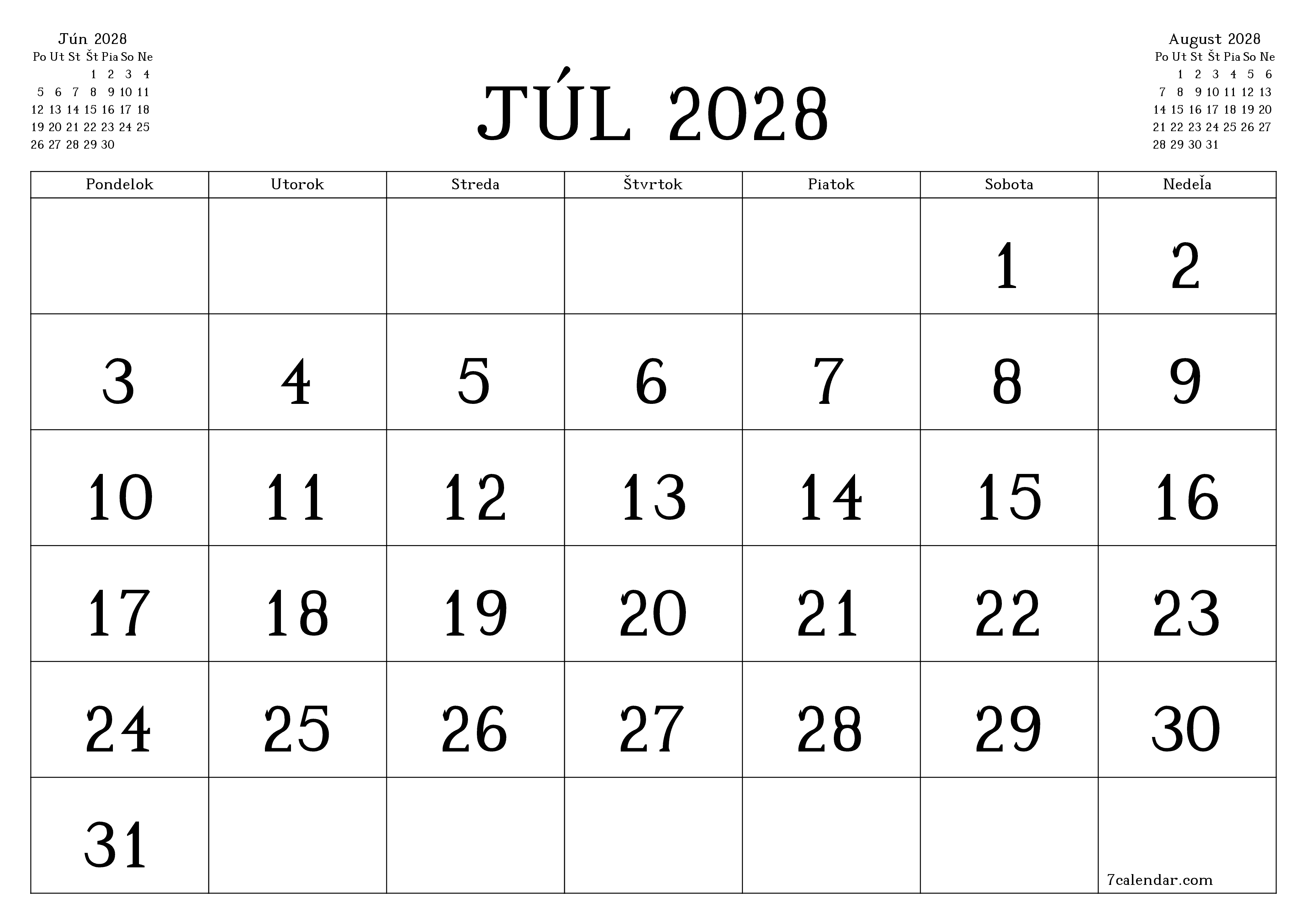 Prázdny mesačný plánovač na mesiac Júl 2028 s poznámkami, uloženie a tlač do PDF PNG Slovak