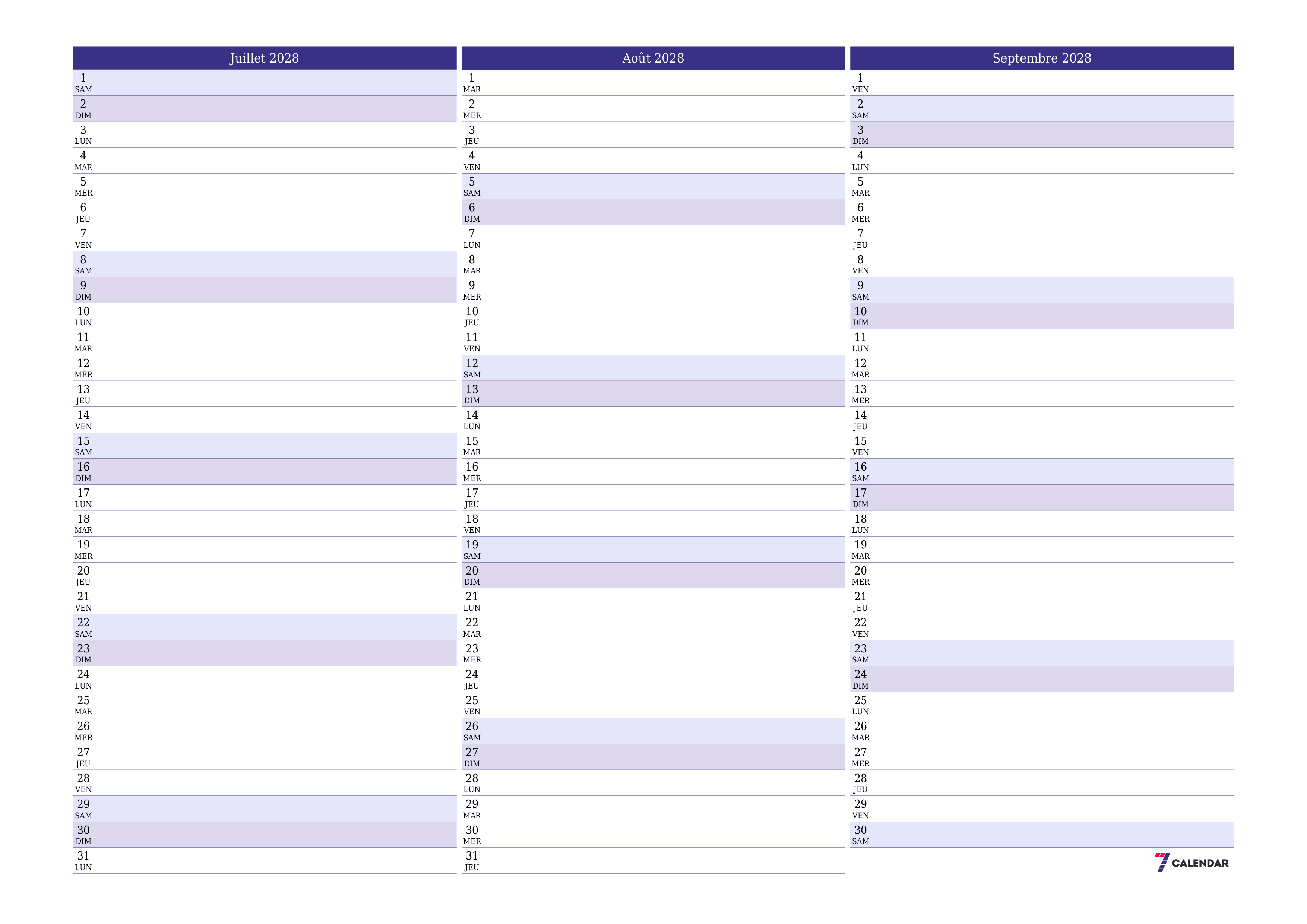 Agenda mensuel vide pour le mois Juillet 2028 avec notes, enregistrez et imprimez au format PDF PNG French