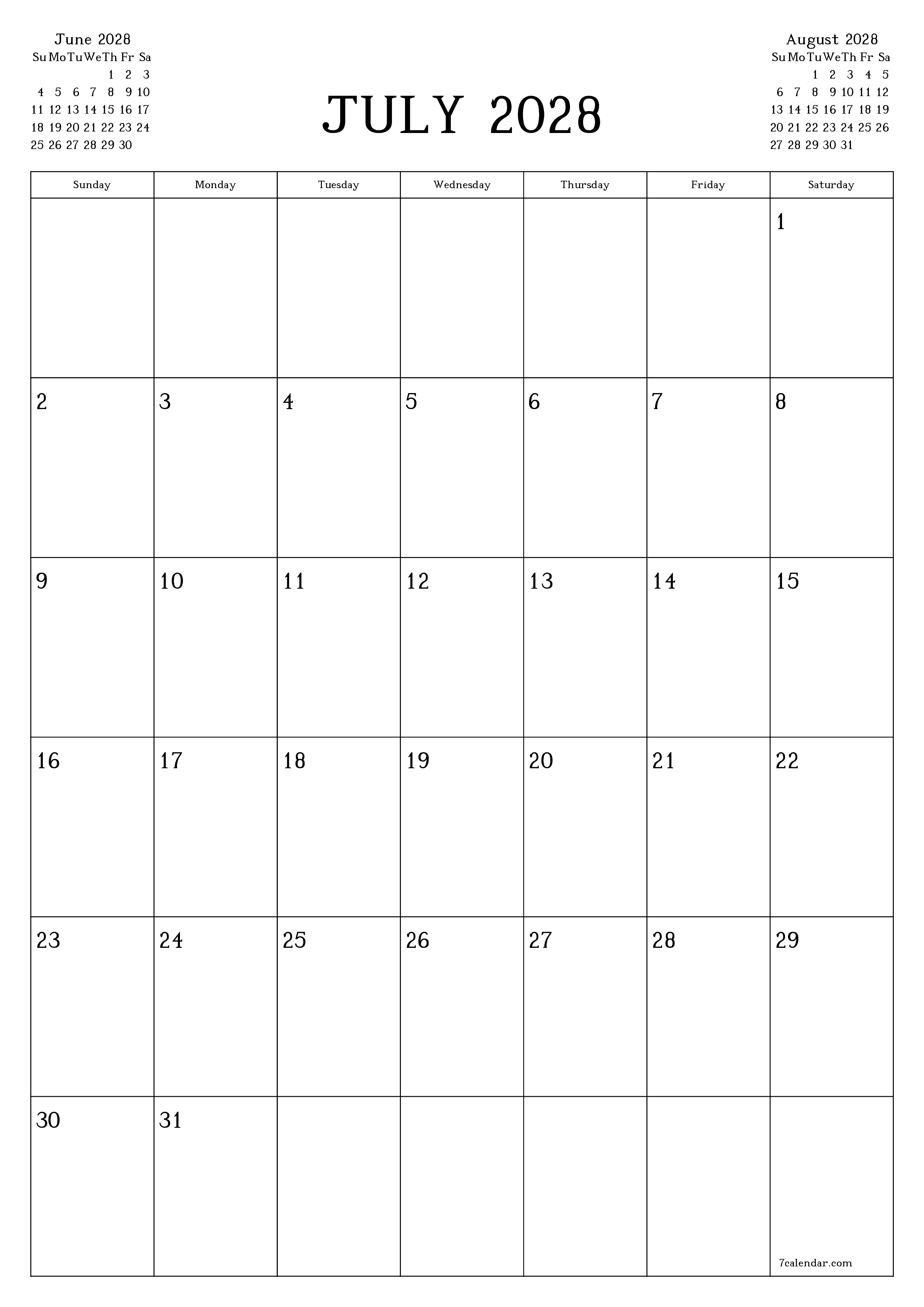 Blank calendar July 2028