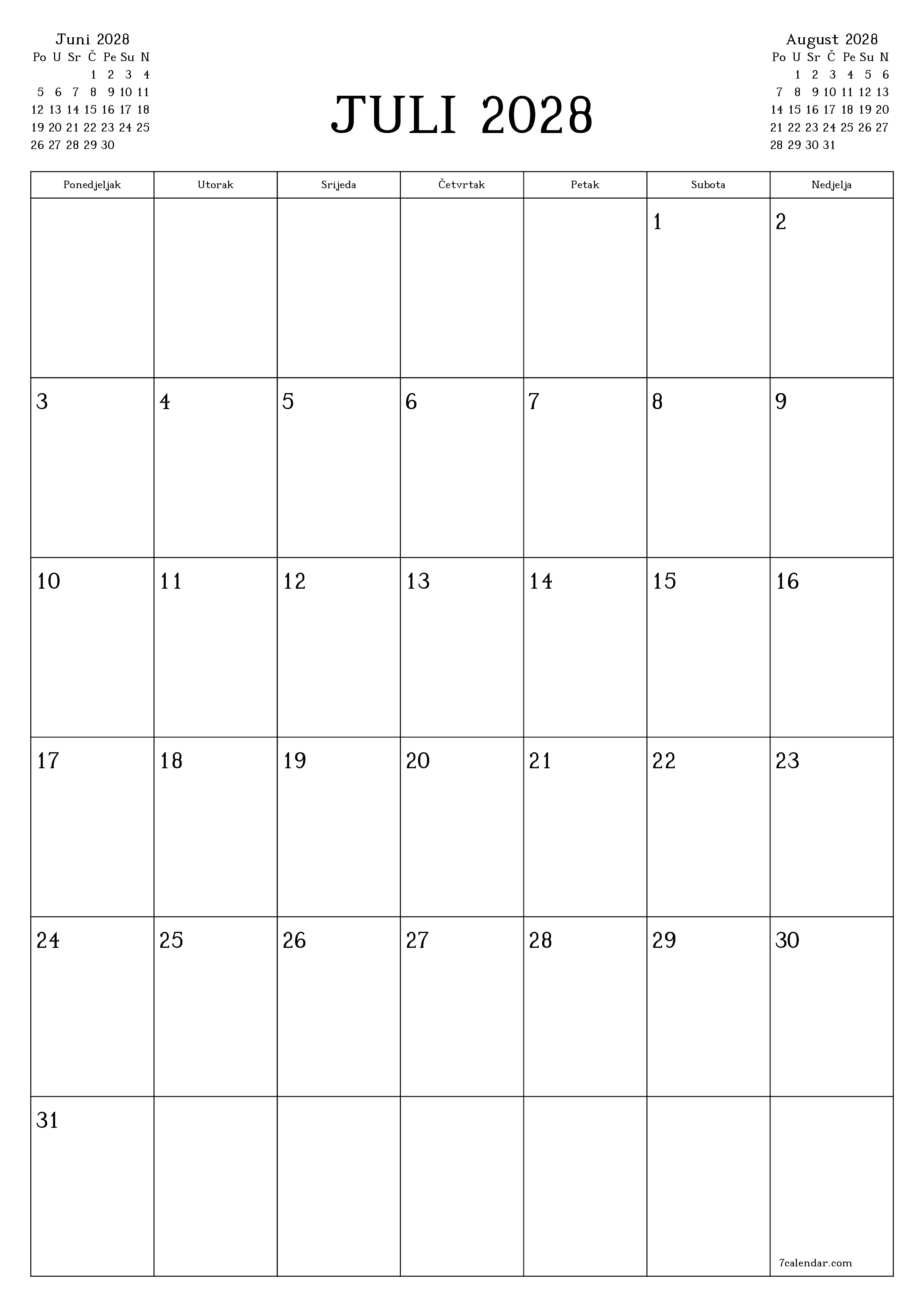  za štampanje zidni šablon a besplatni vertikalno Mjesečno planer kalendar Juli (Jul) 2028