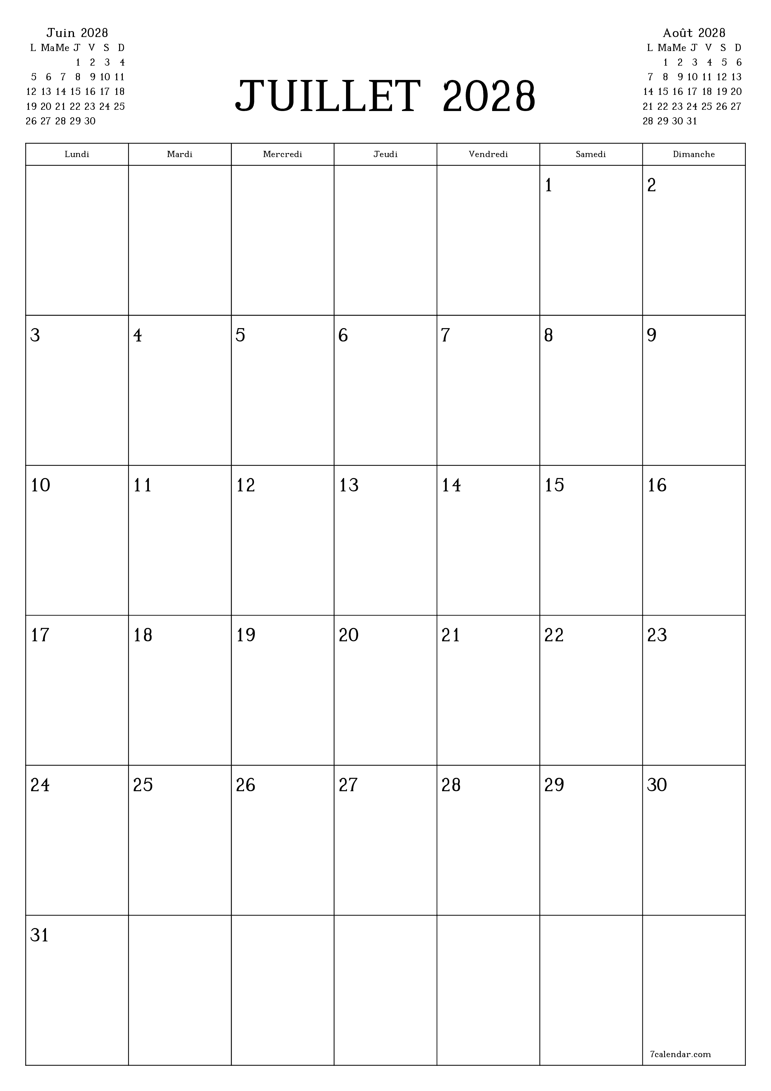  imprimable mural modèle de gratuitverticale Mensuel planificateur calendrier Juillet (Jul) 2028