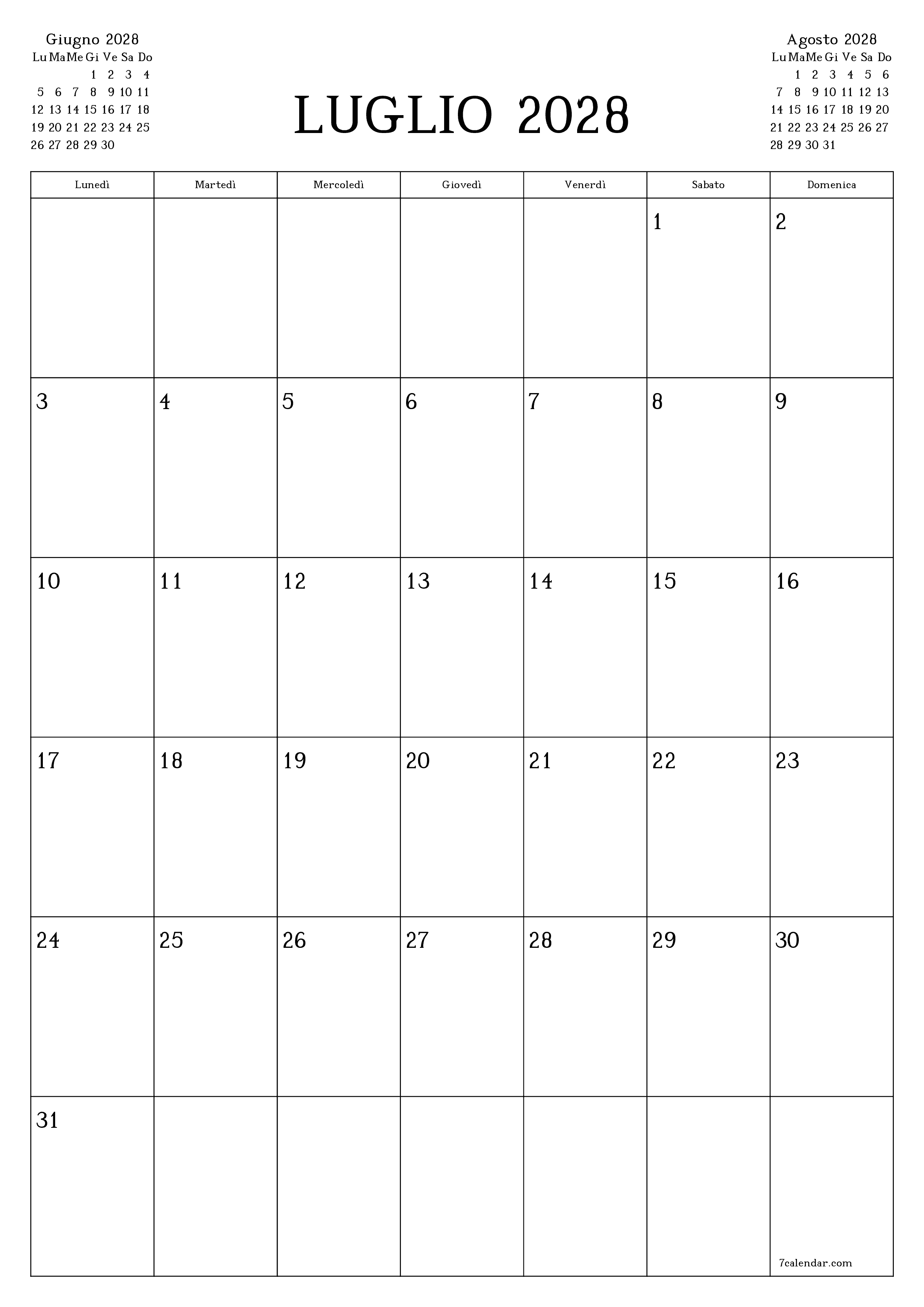 Pianificatore mensile vuoto per il mese Luglio 2028 con note, salva e stampa in PDF PNG Italian