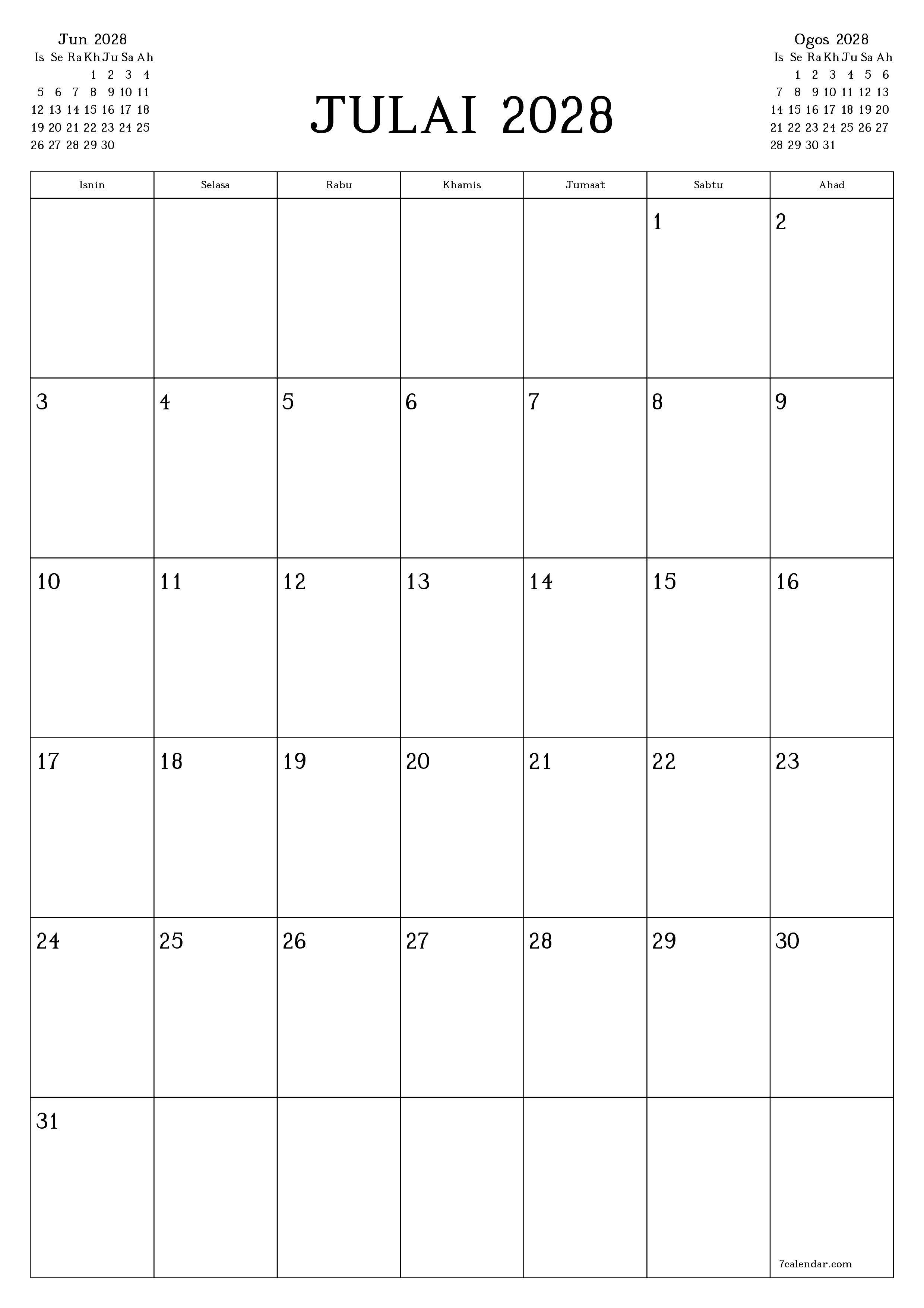  boleh cetak dinding templat percumamenegak Bulanan perancang kalendar Julai (Jul) 2028