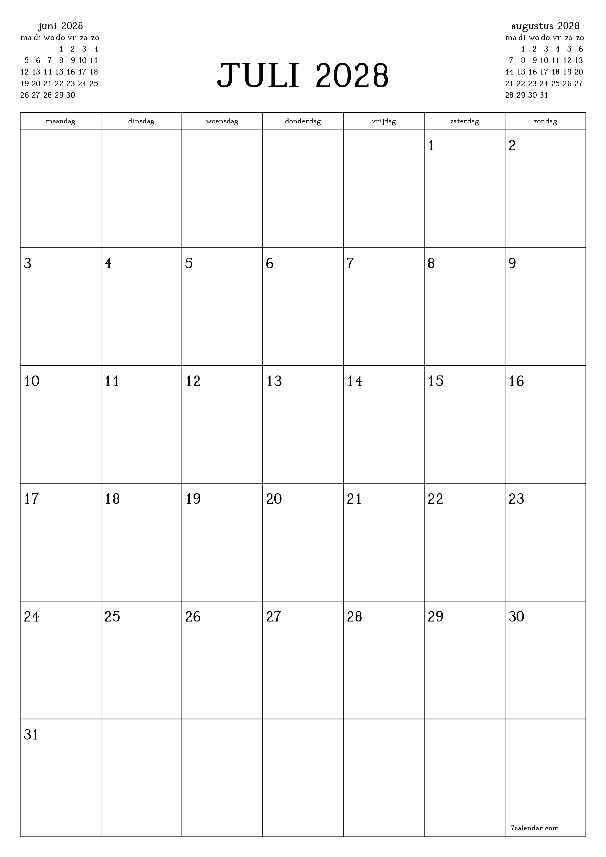Lege maandplanner voor maand juli 2028 met notities, opslaan en afdrukken naar pdf PNG Dutch