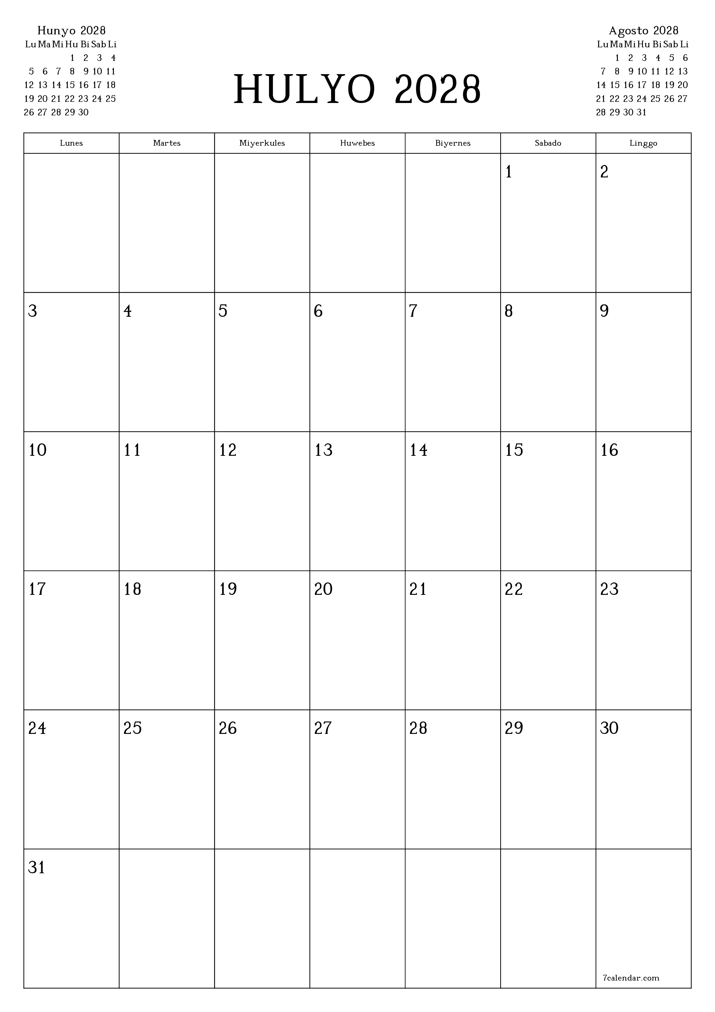 Walang laman na buwanang tagaplano para sa buwan na Hulyo 2028 na may mga tala, i-save at i-print sa PDF PNG Filipino