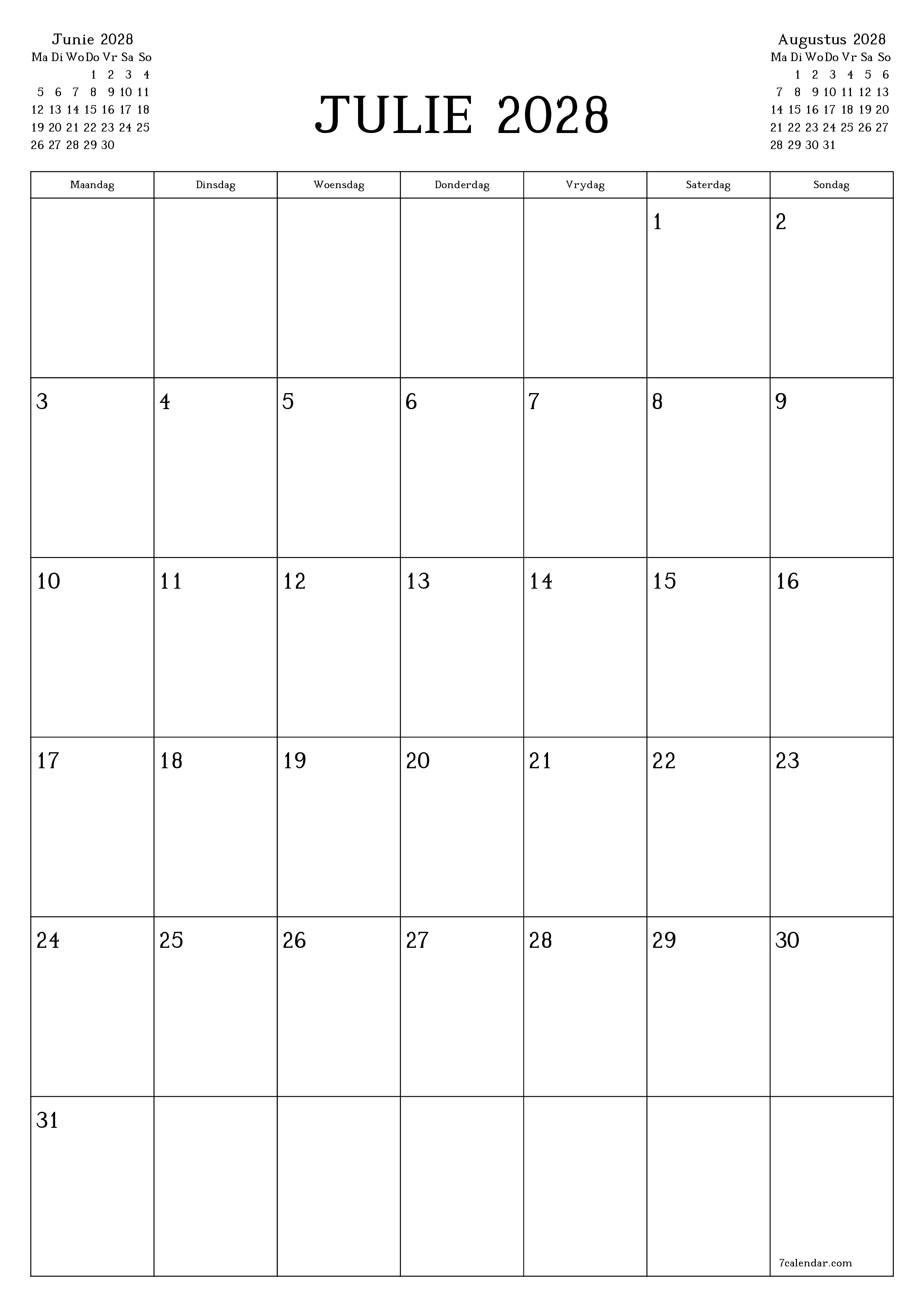 Leë maandelikse drukbare kalender en beplanner vir maand Julie 2028 met notas stoor en druk na PDF PNG Afrikaans