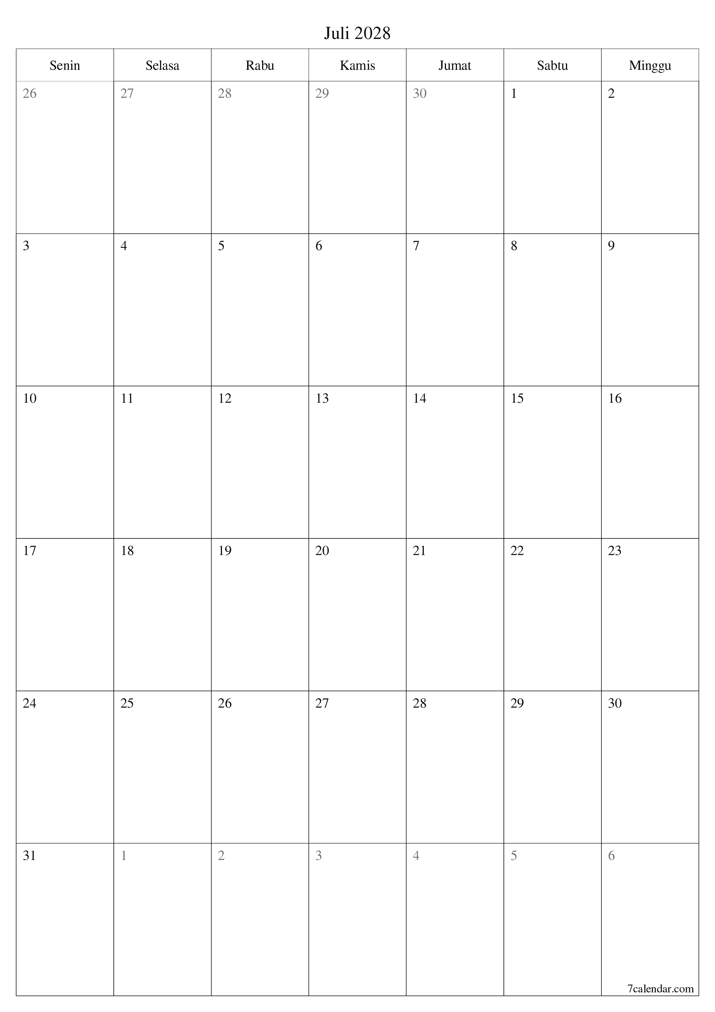 Kosongkan agenda bulanan untuk bulan Juli 2028 dengan catatan, simpan dan cetak ke PDF PNG Indonesian