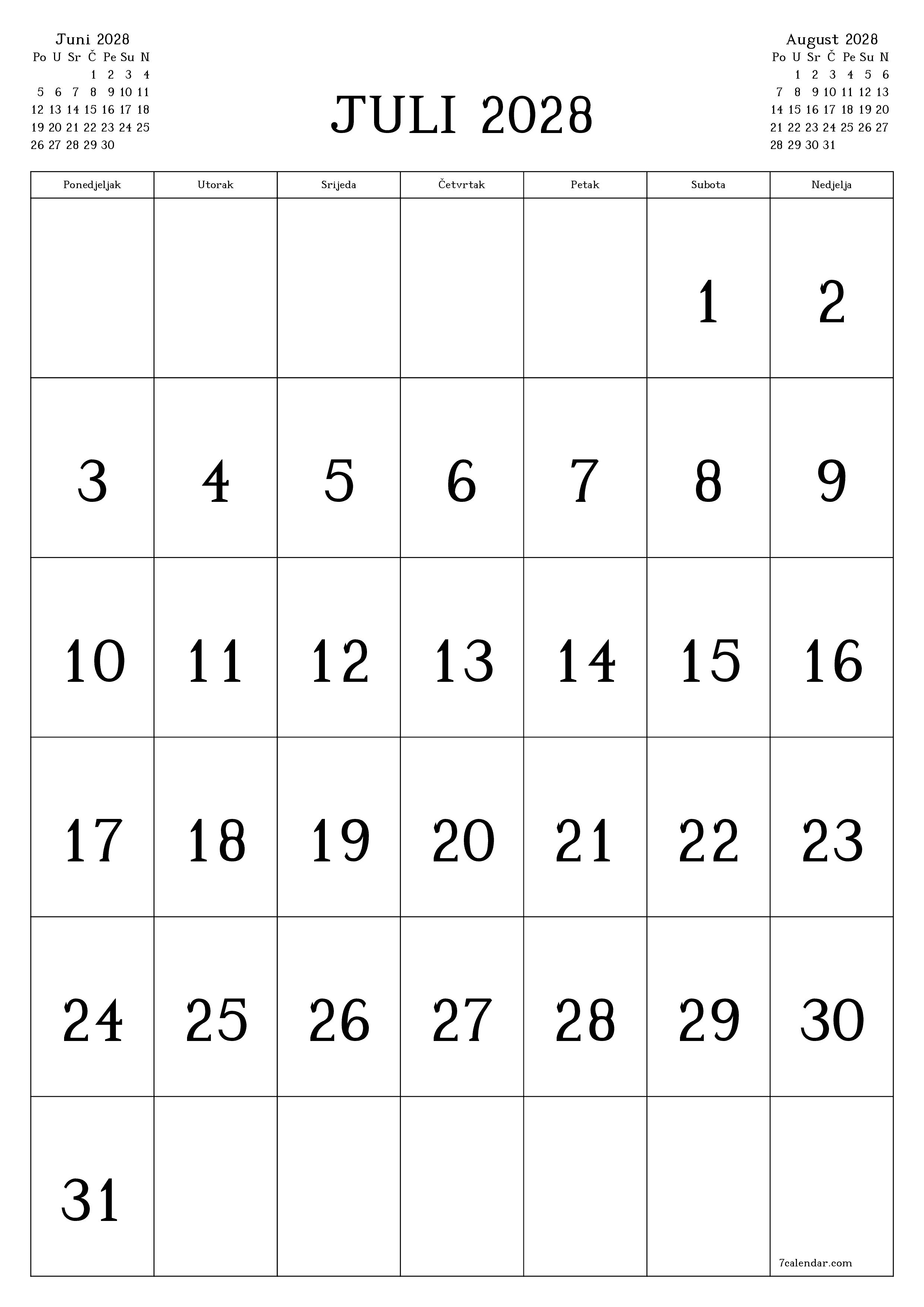  za štampanje zidni šablon a besplatni vertikalno Mjesečno kalendar Juli (Jul) 2028