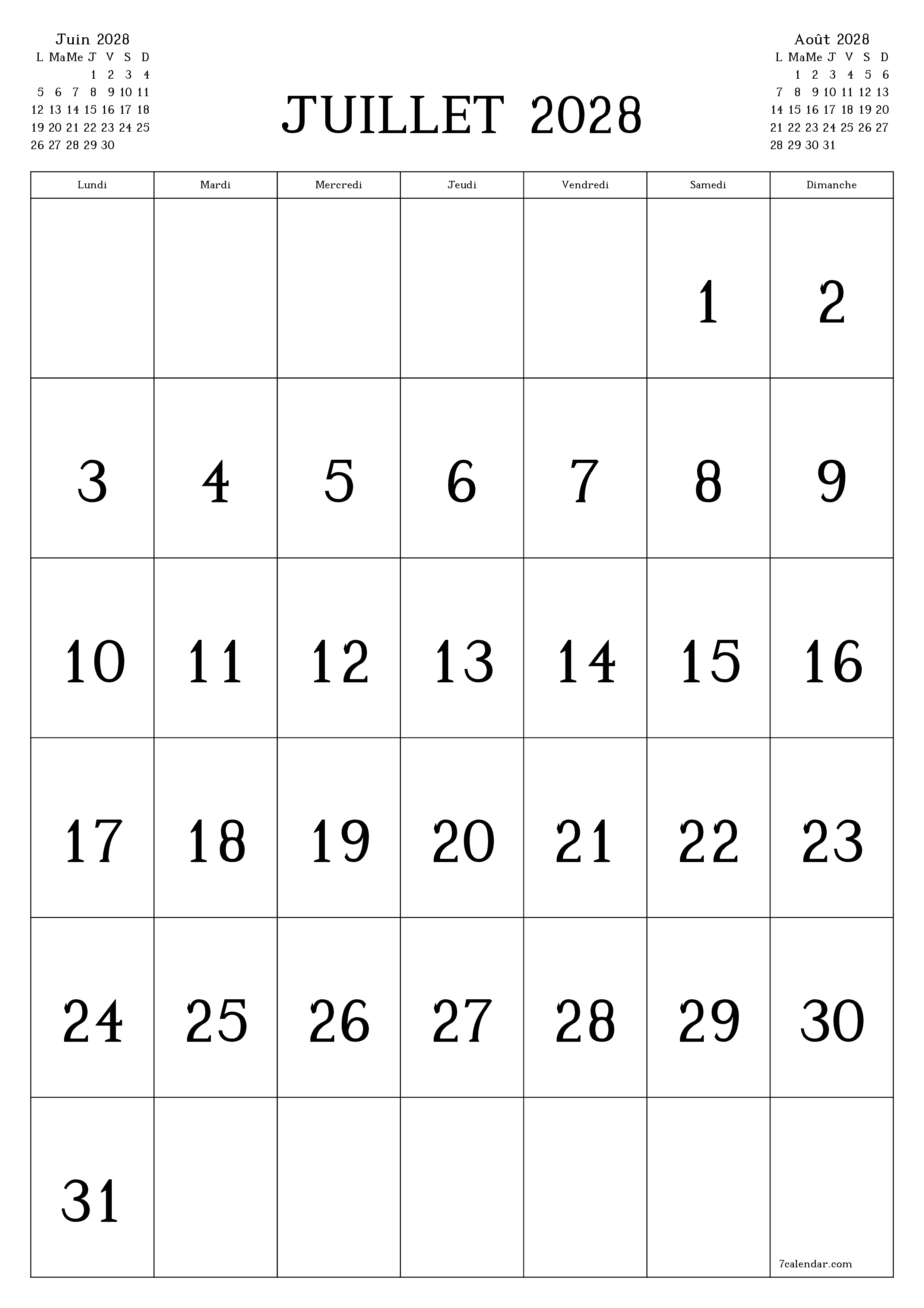  imprimable mural modèle de gratuitverticale Mensuel calendrier Juillet (Jul) 2028