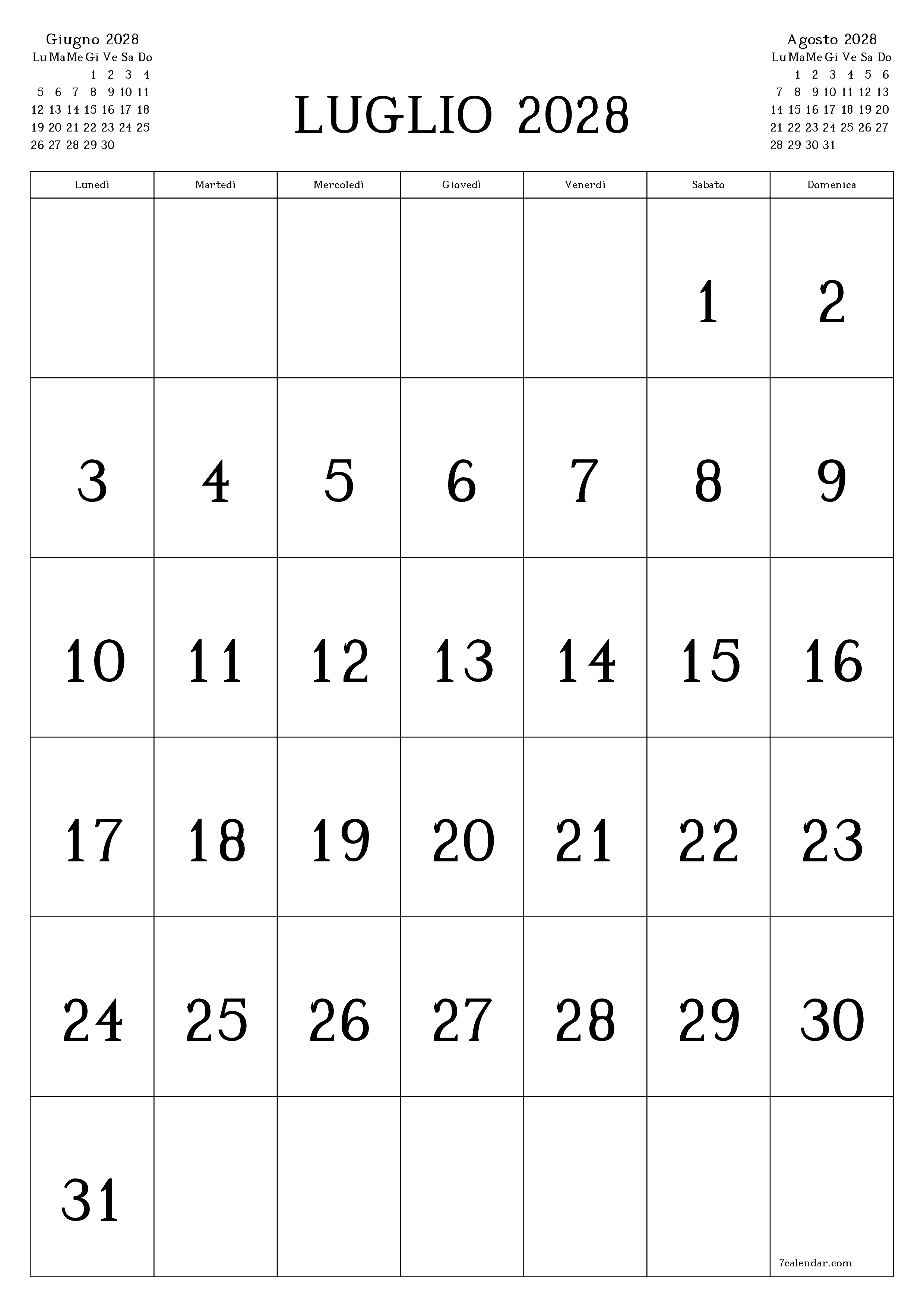 Pianificatore mensile vuoto per il mese Luglio 2028 con note, salva e stampa in PDF PNG Italian