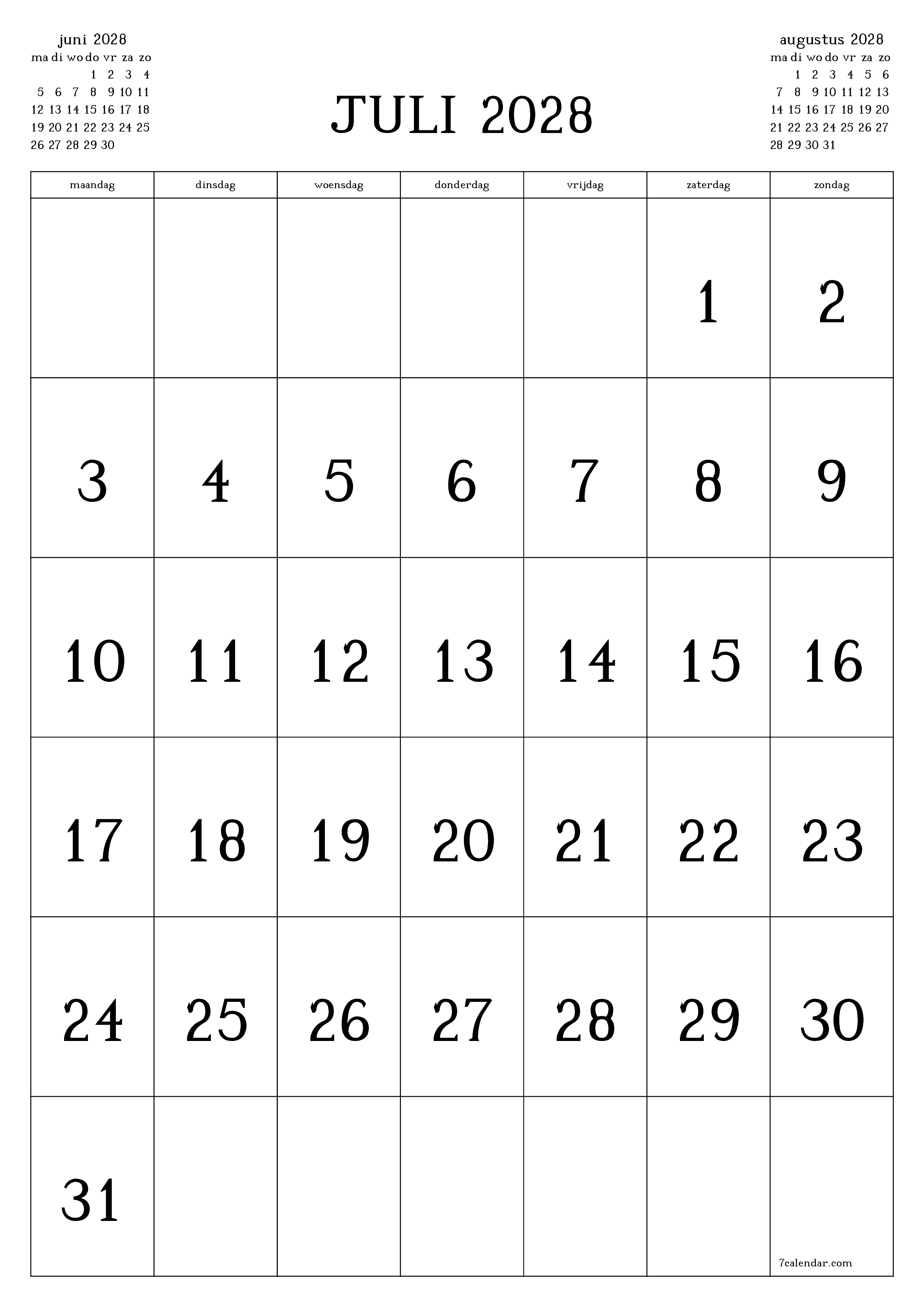 Lege maandplanner voor maand juli 2028 met notities, opslaan en afdrukken naar pdf PNG Dutch