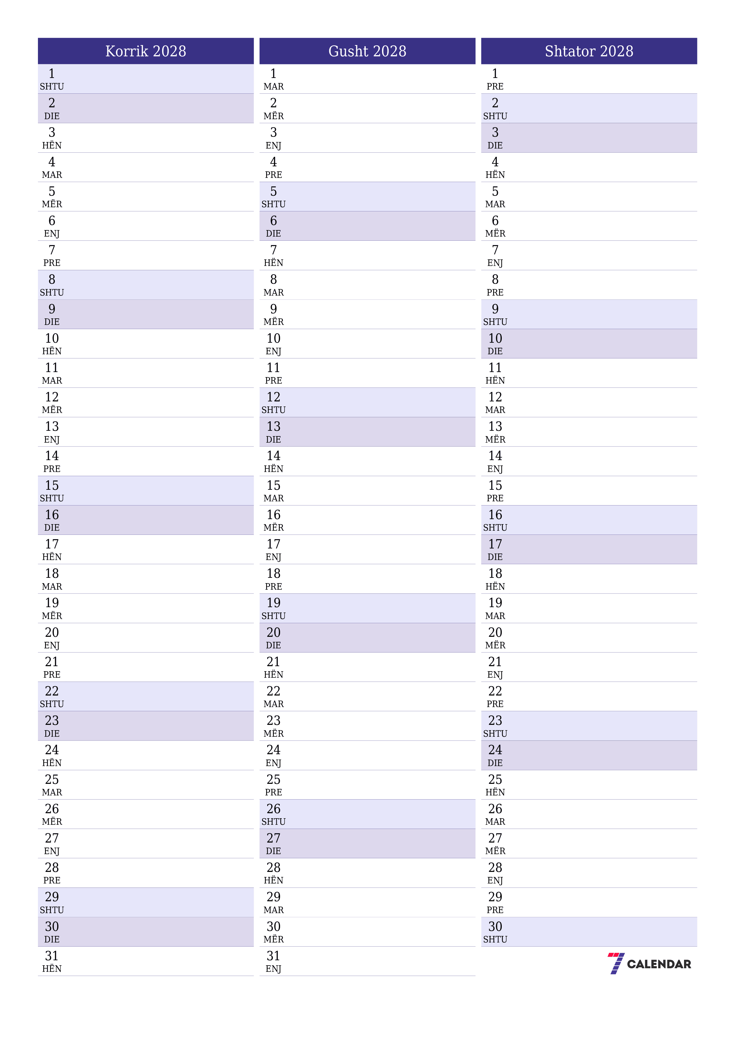 Planifikuesi i zbrazët i kalendarit mujor për muajin Korrik 2028 me shënime të ruajtura dhe të printuara në PDF PNG Albanian