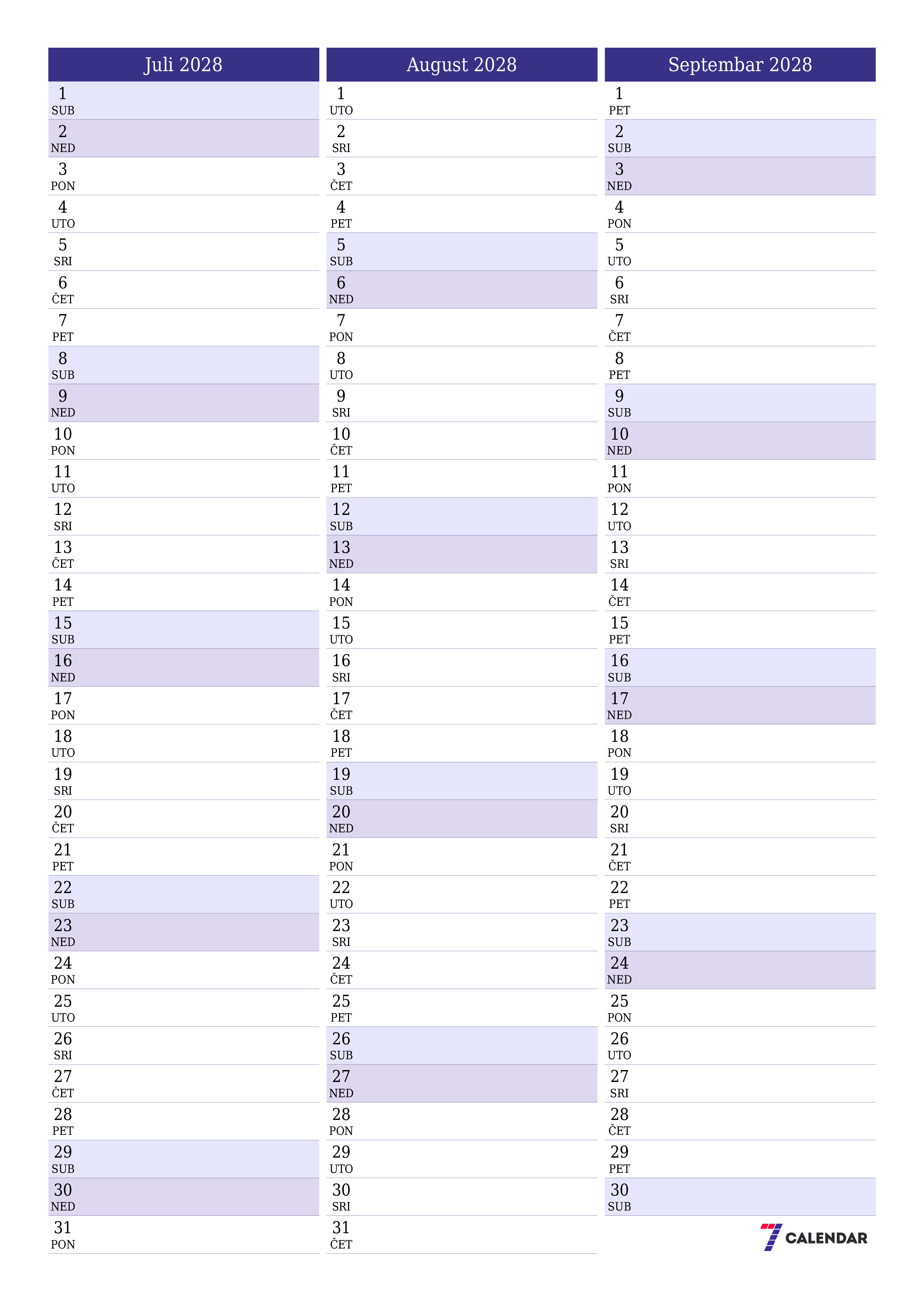  za štampanje zidni šablon a besplatni vertikalno Mjesečno planer kalendar Juli (Jul) 2028