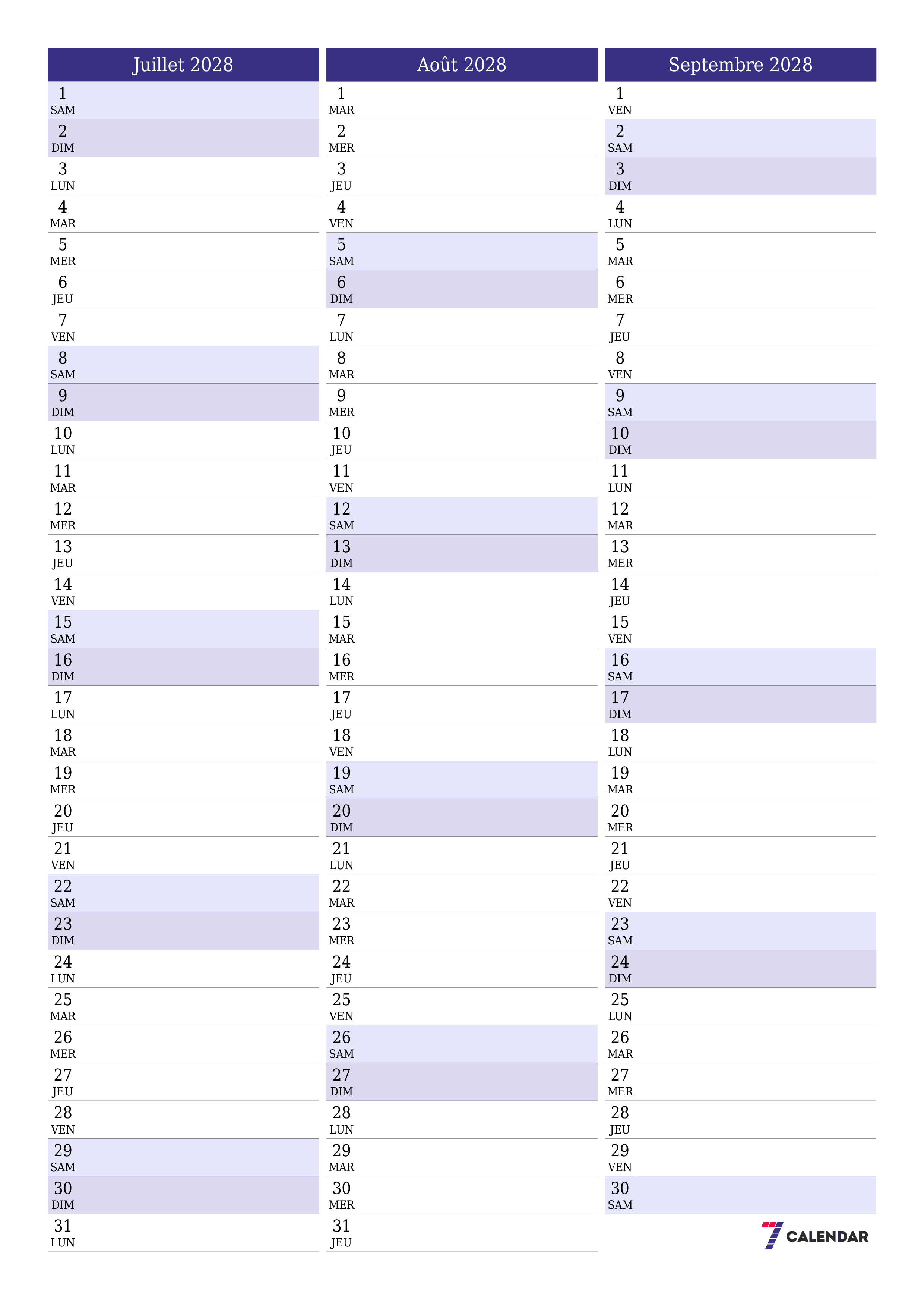 Agenda mensuel vide pour le mois Juillet 2028 avec notes, enregistrez et imprimez au format PDF PNG French