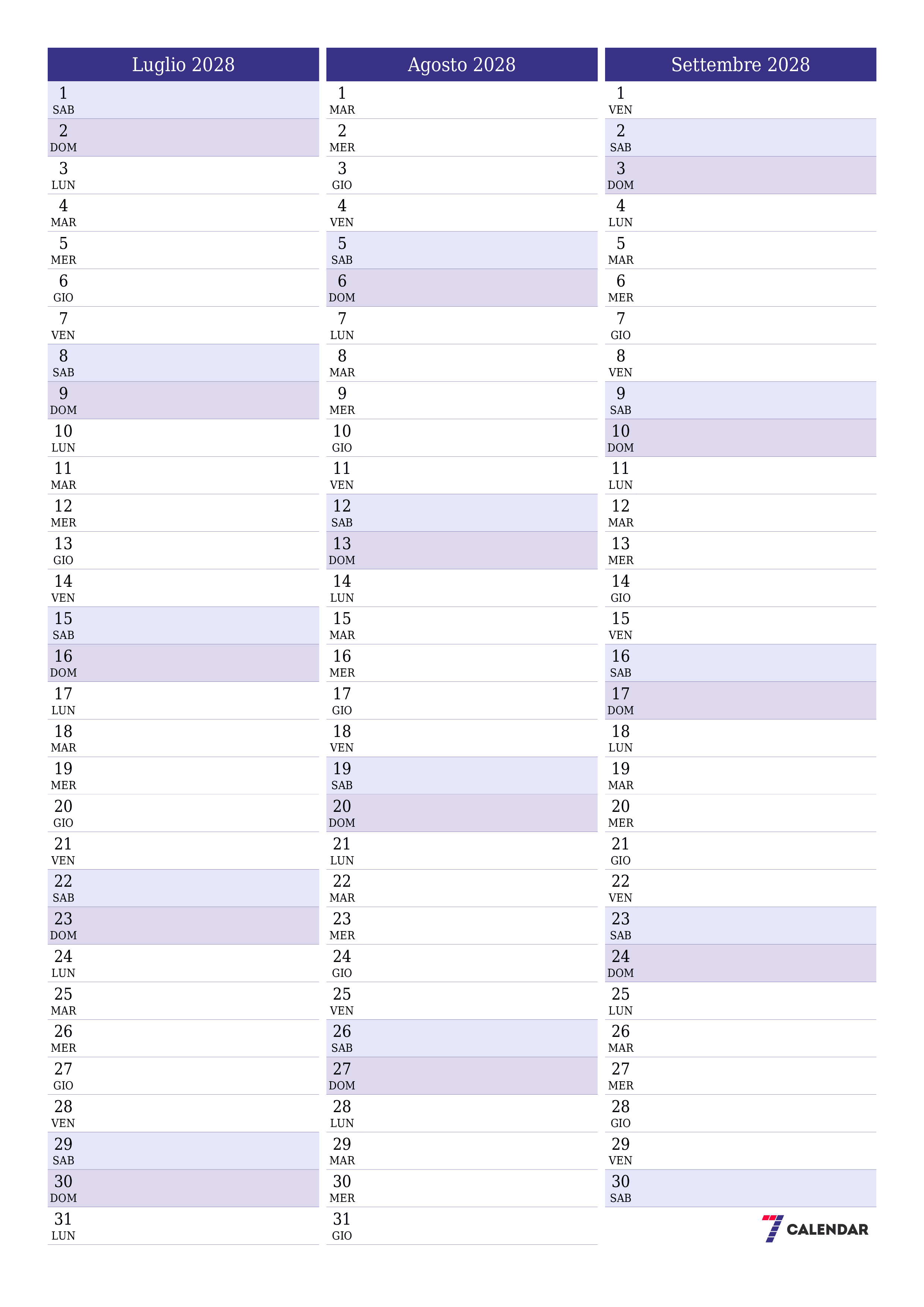Pianificatore mensile vuoto per il mese Luglio 2028 con note, salva e stampa in PDF PNG Italian