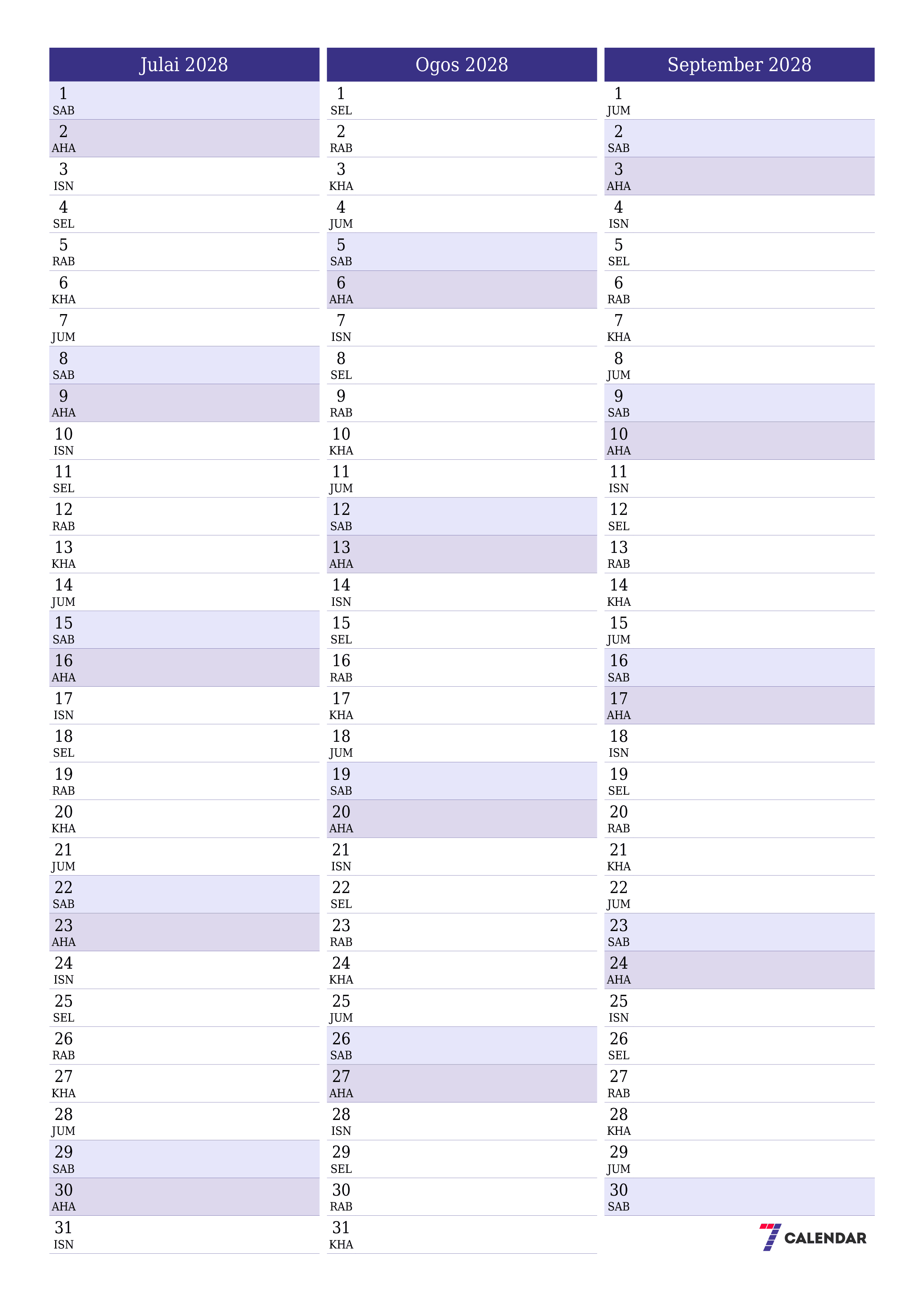  boleh cetak dinding templat percumamenegak Bulanan perancang kalendar Julai (Jul) 2028