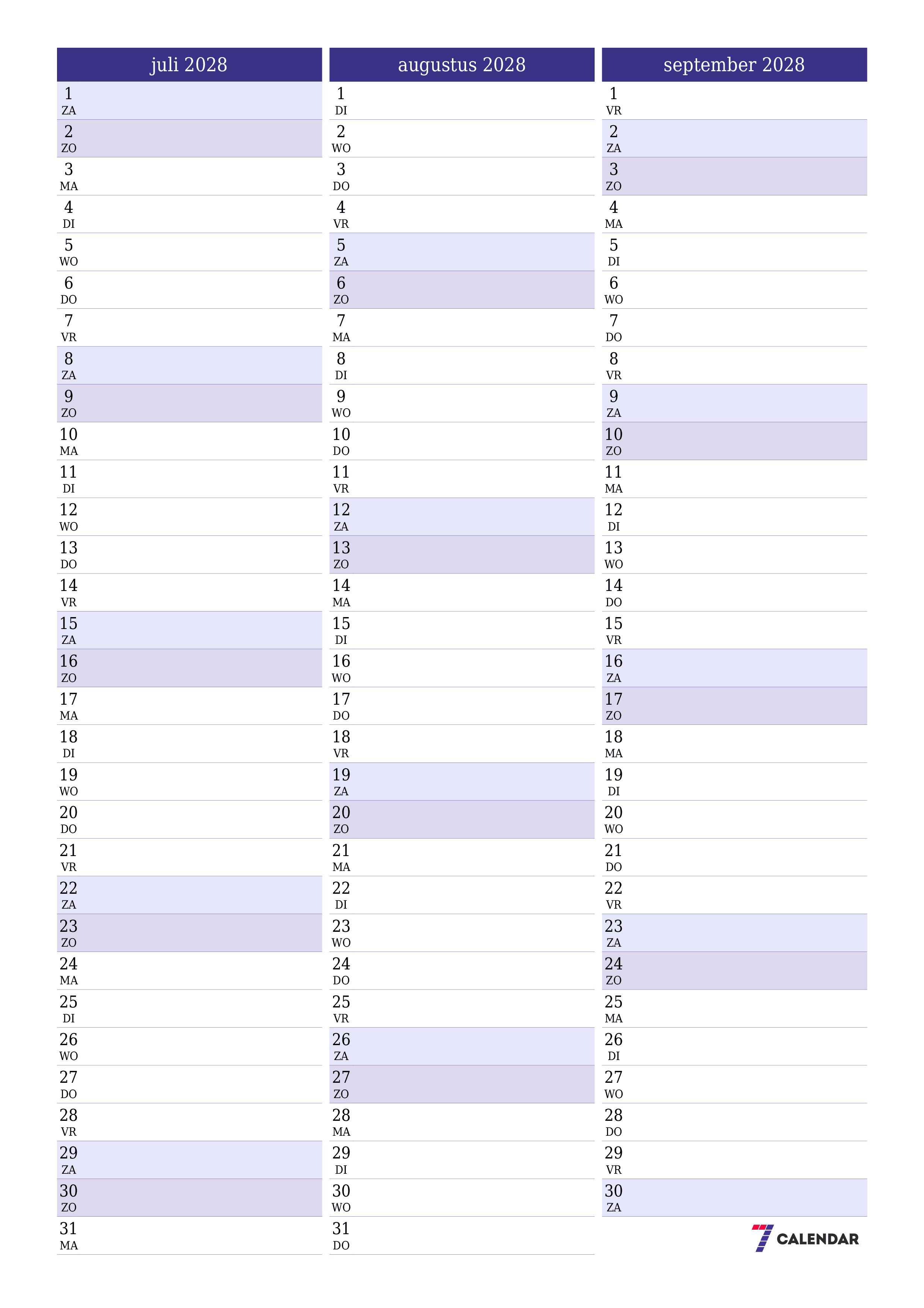 Lege maandplanner voor maand juli 2028 met notities, opslaan en afdrukken naar pdf PNG Dutch