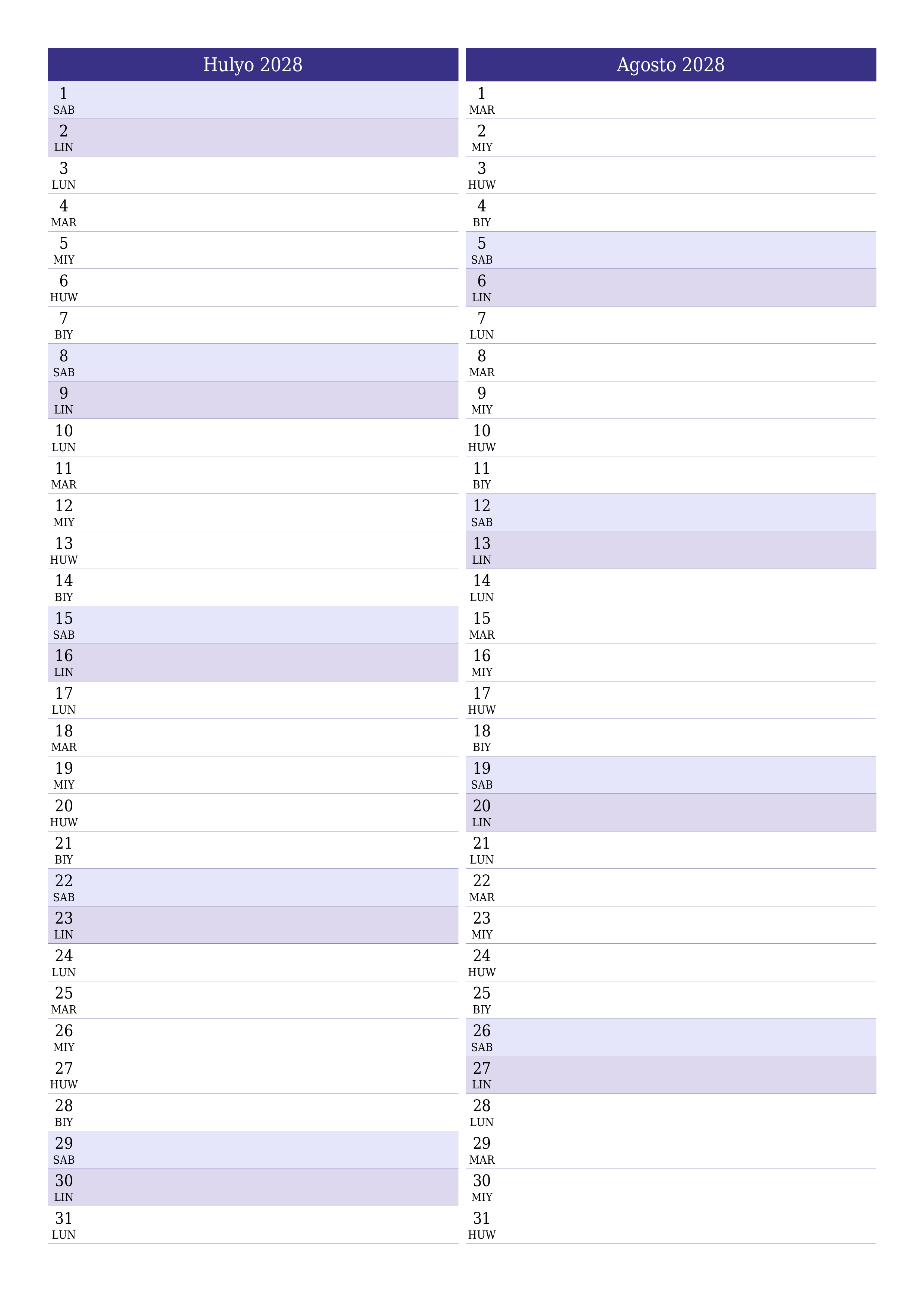 Walang laman na buwanang tagaplano para sa buwan na Hulyo 2028 na may mga tala, i-save at i-print sa PDF PNG Filipino