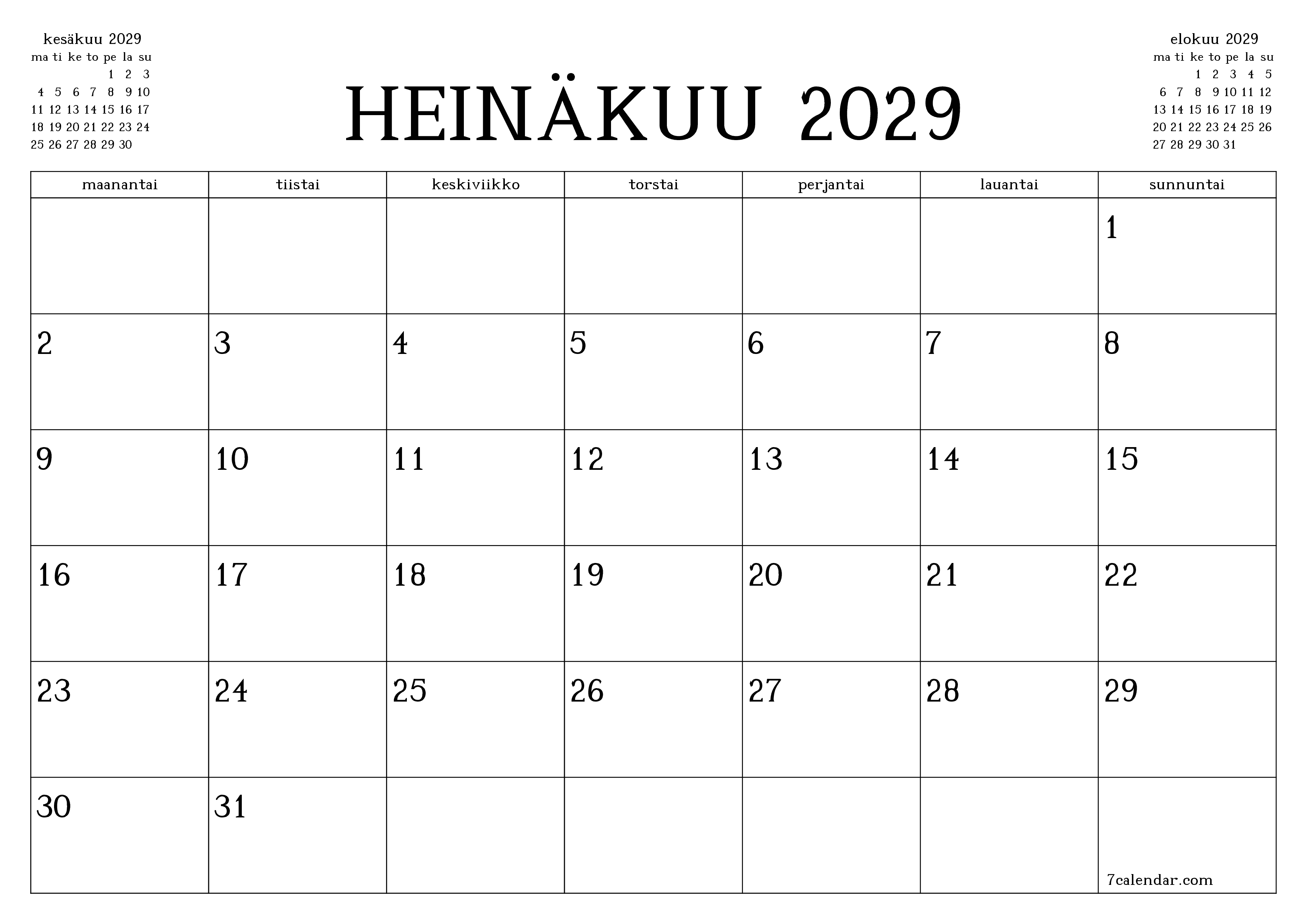 Tyhjennä kuukausittainen suunnittelija kuukaudelle Heinäkuu 2029 muistiinpanoilla, tallenna ja tulosta PDF-muotoon PNG Finnish