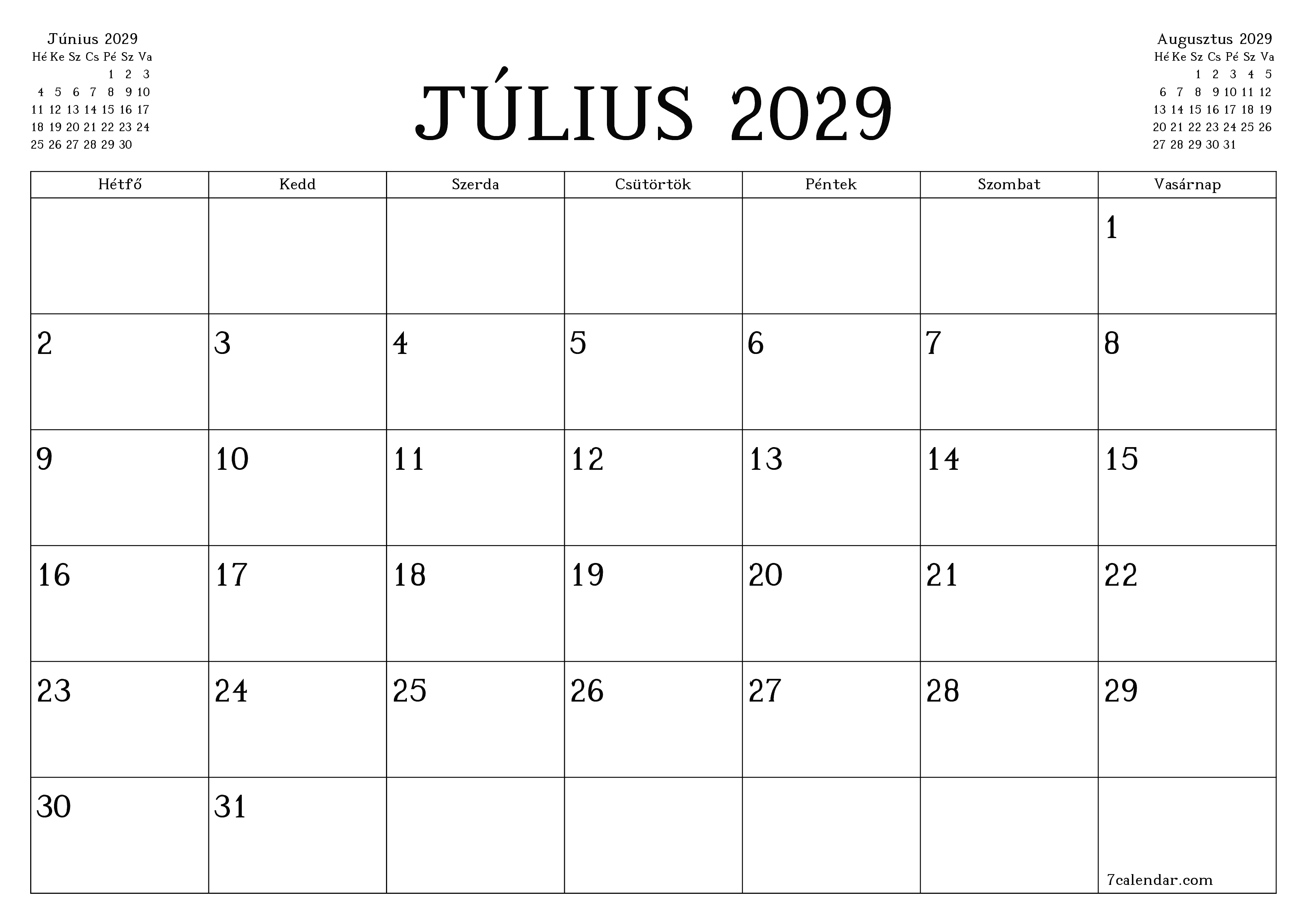 Üres havi tervező a Július 2029 hónapra jegyzetekkel, mentés és nyomtatás PDF-be PNG Hungarian