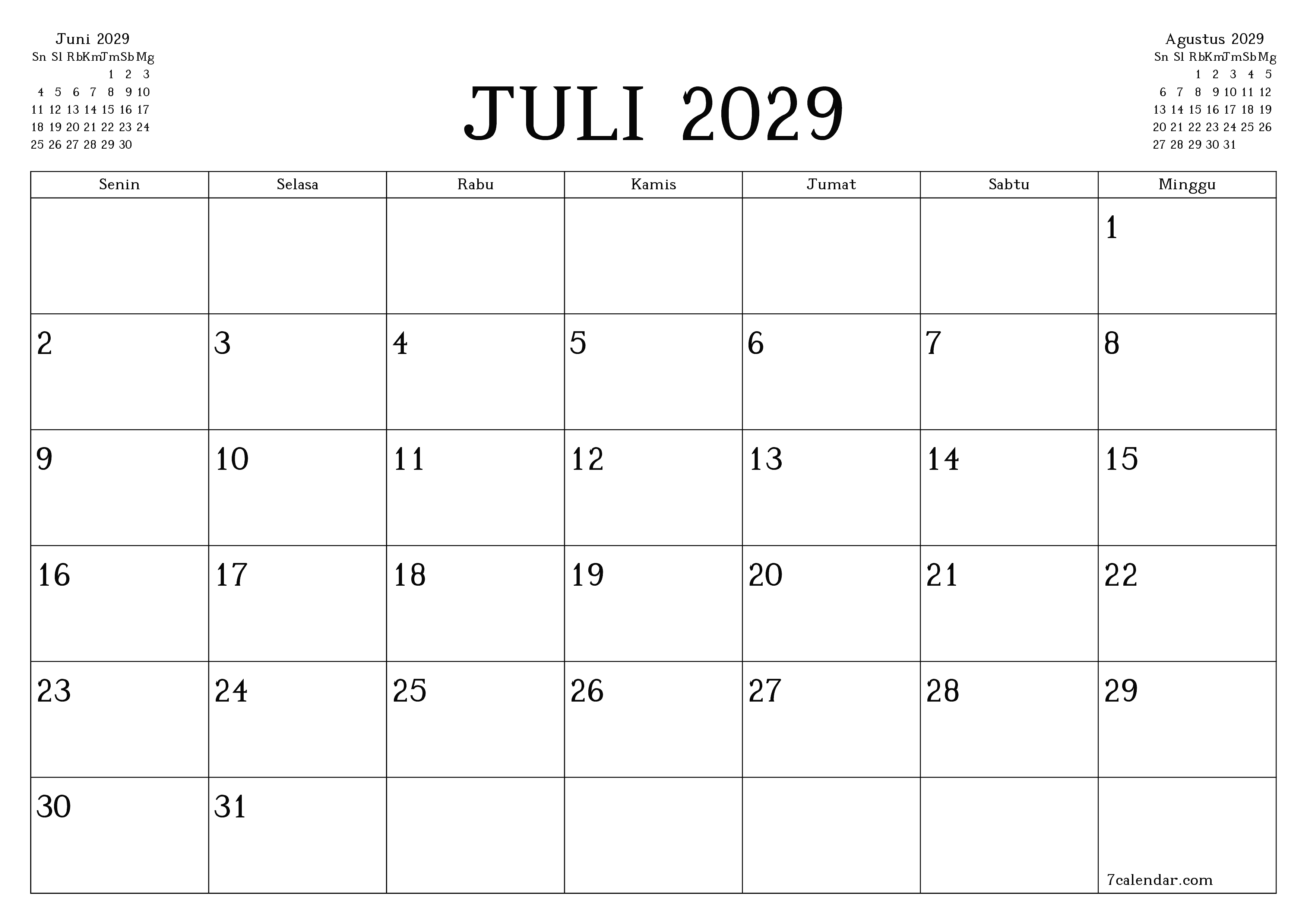 Kosongkan agenda bulanan untuk bulan Juli 2029 dengan catatan, simpan dan cetak ke PDF PNG Indonesian