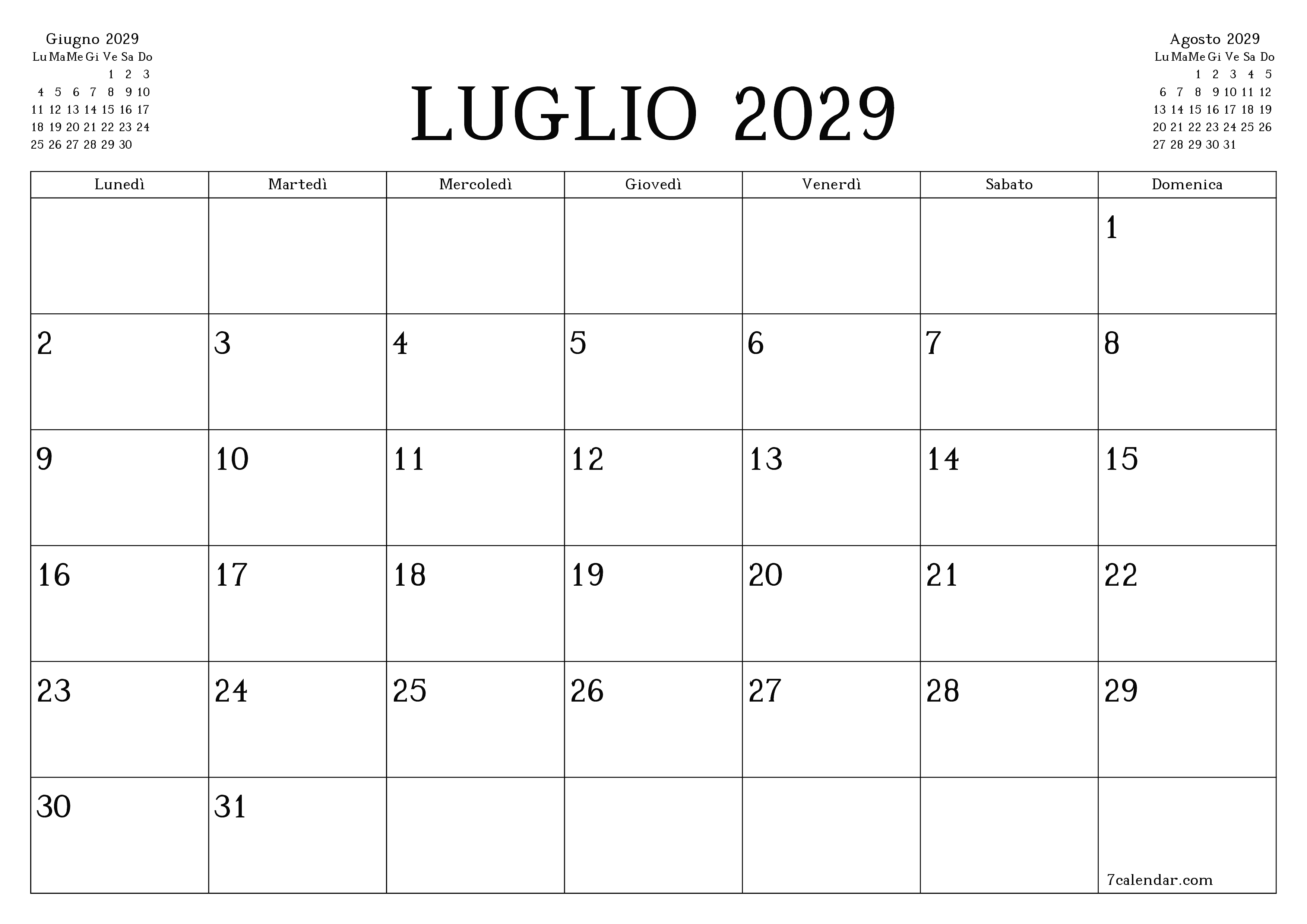 Pianificatore mensile vuoto per il mese Luglio 2029 con note, salva e stampa in PDF PNG Italian