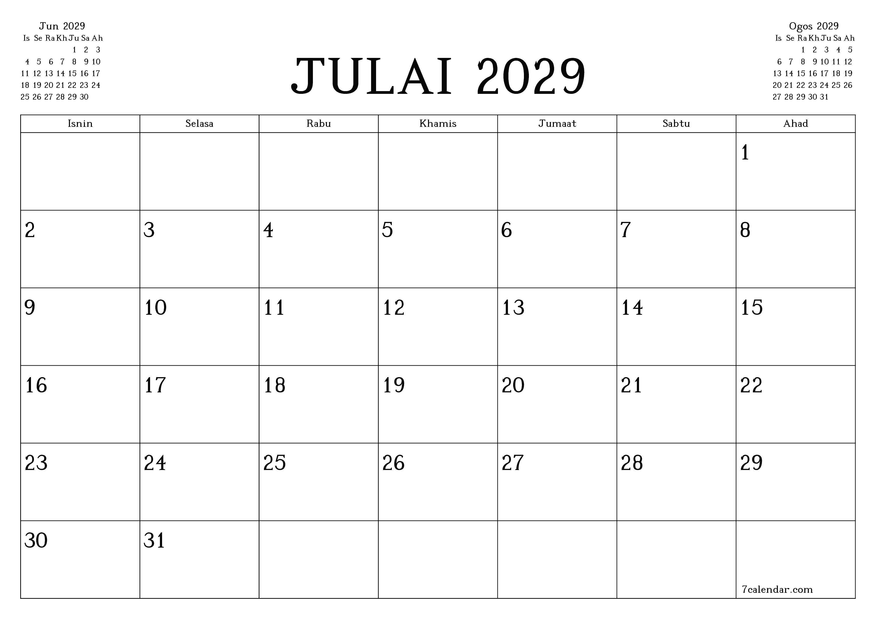 Perancang bulanan kosong untuk bulan Julai 2029 dengan nota, simpan dan cetak ke PDF PNG Malay