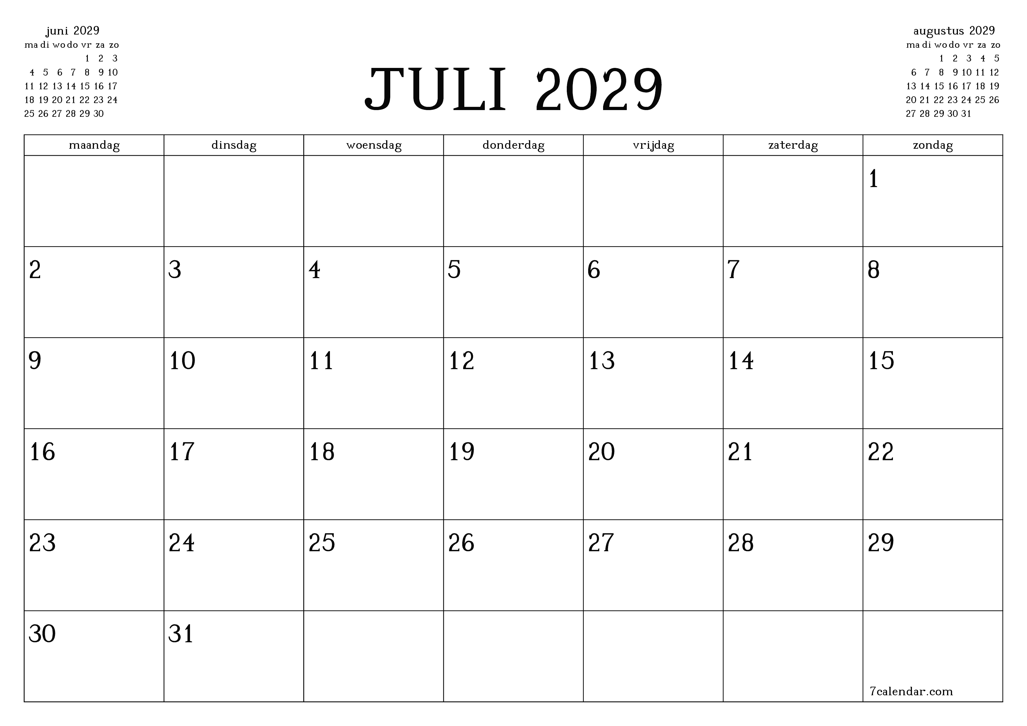 Lege maandplanner voor maand juli 2029 met notities, opslaan en afdrukken naar pdf PNG Dutch